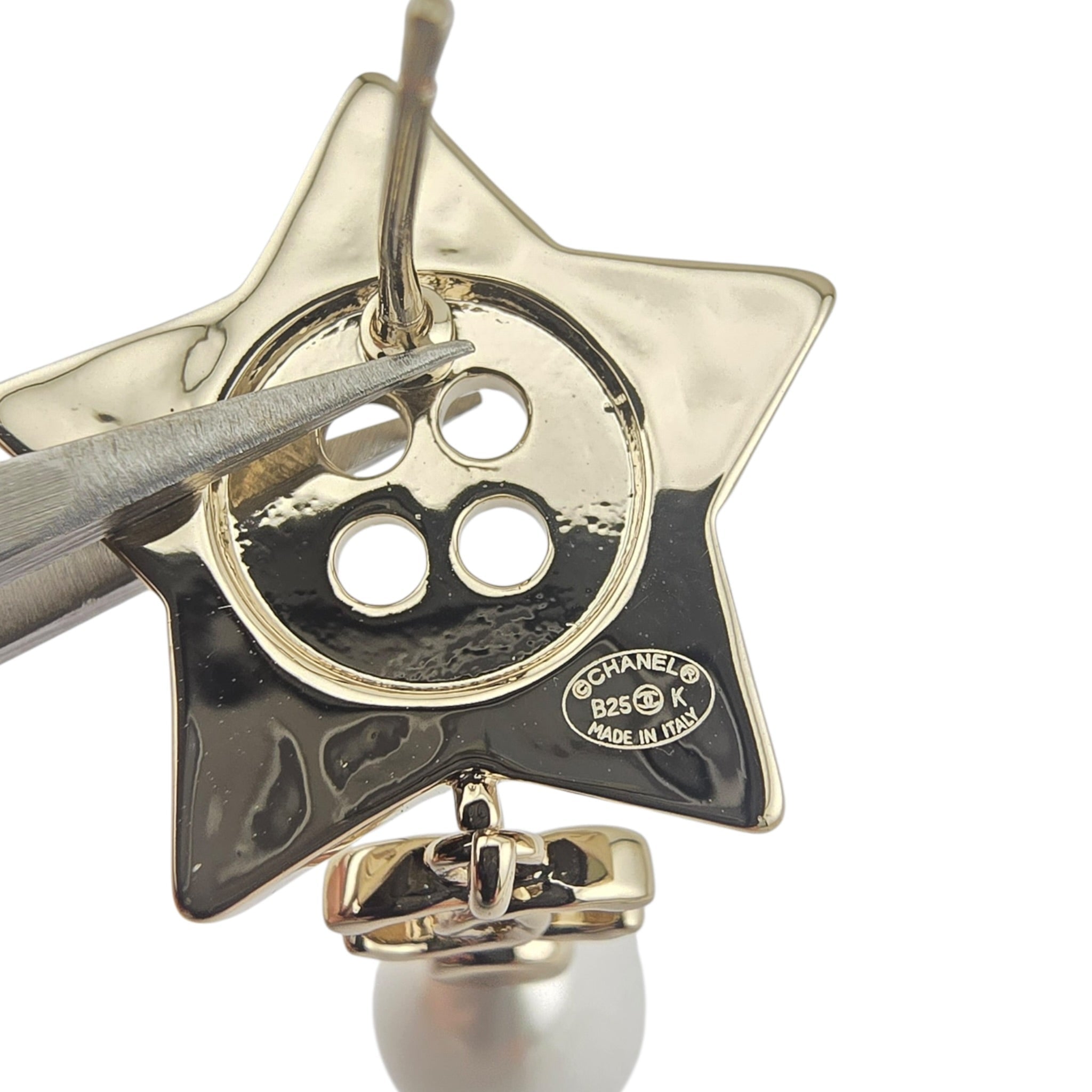Chanel Logo Star Button Gold Faux Pearl Drop Earrings 2025 CHANEL