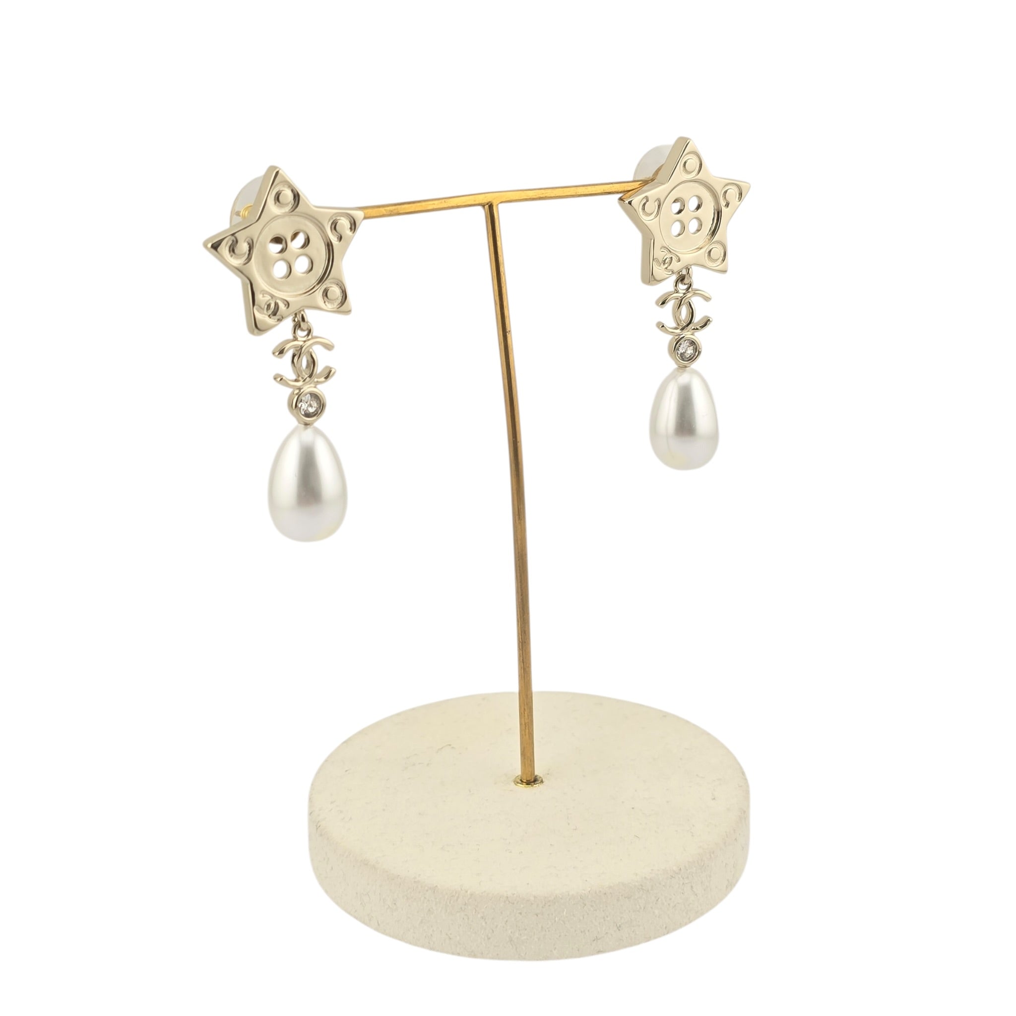 Chanel Logo Star Button Gold Faux Pearl Drop Earrings 2025 CHANEL