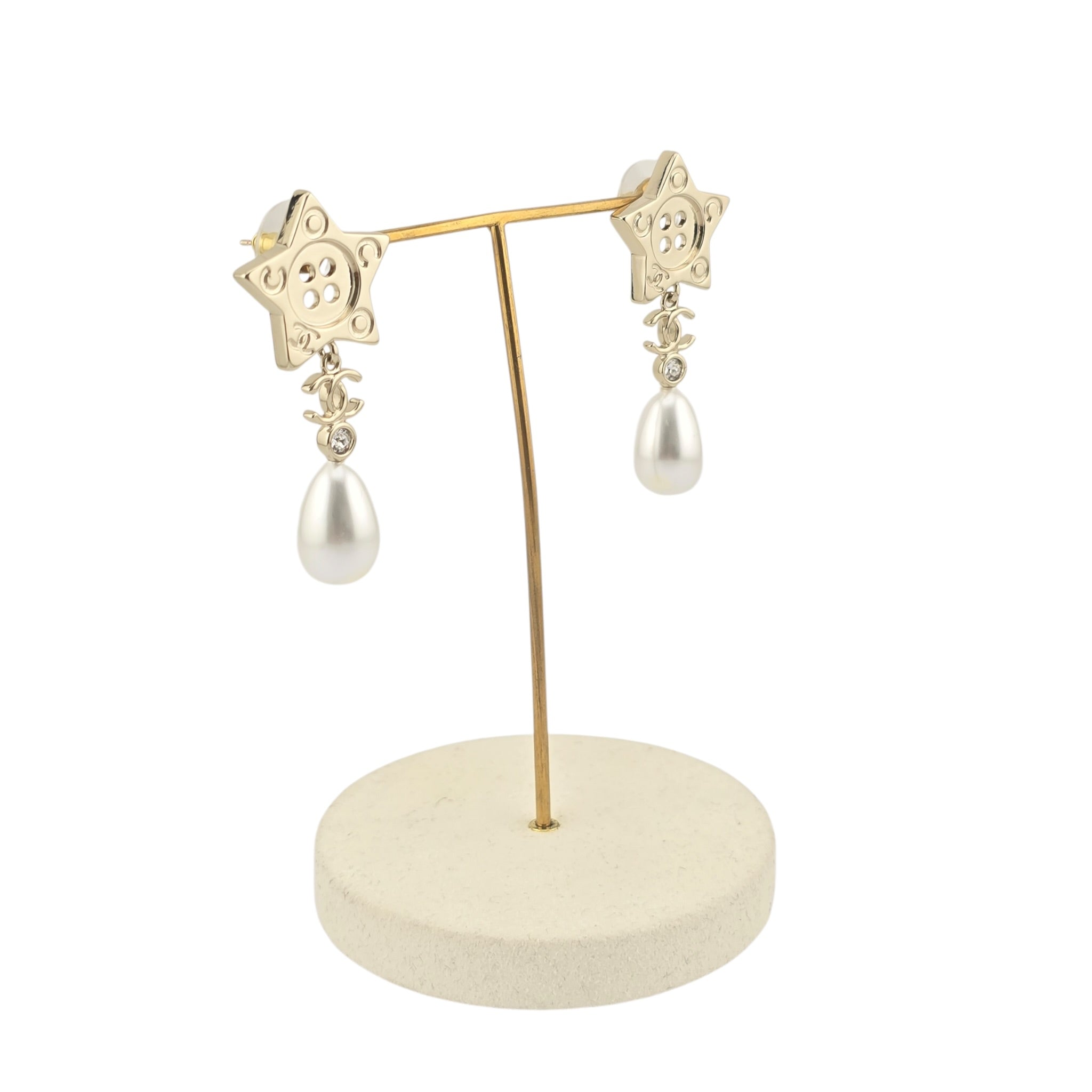 Chanel Logo Star Button Gold Faux Pearl Drop Earrings 2025 CHANEL