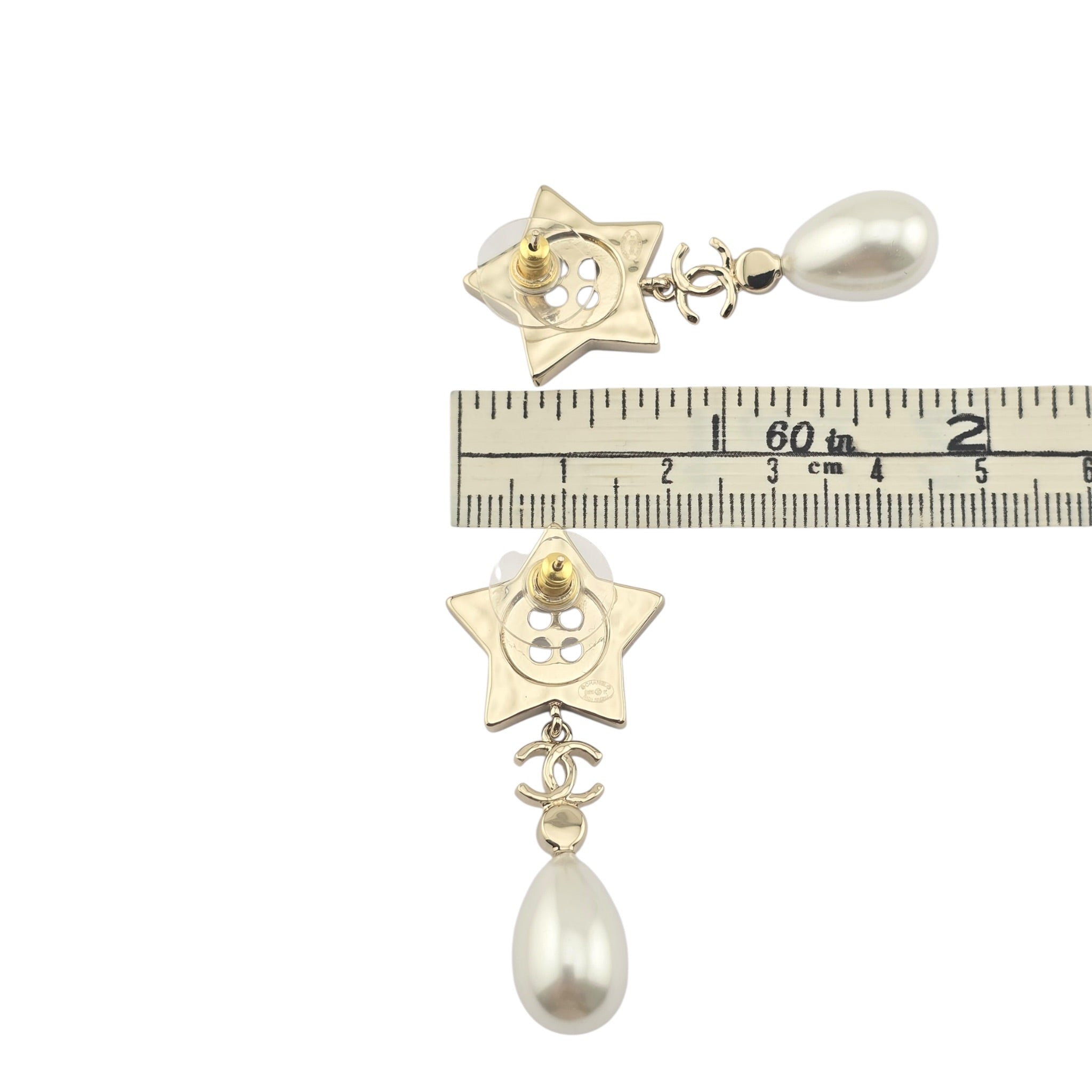 Chanel Logo Star Button Gold Faux Pearl Drop Earrings 2025 CHANEL