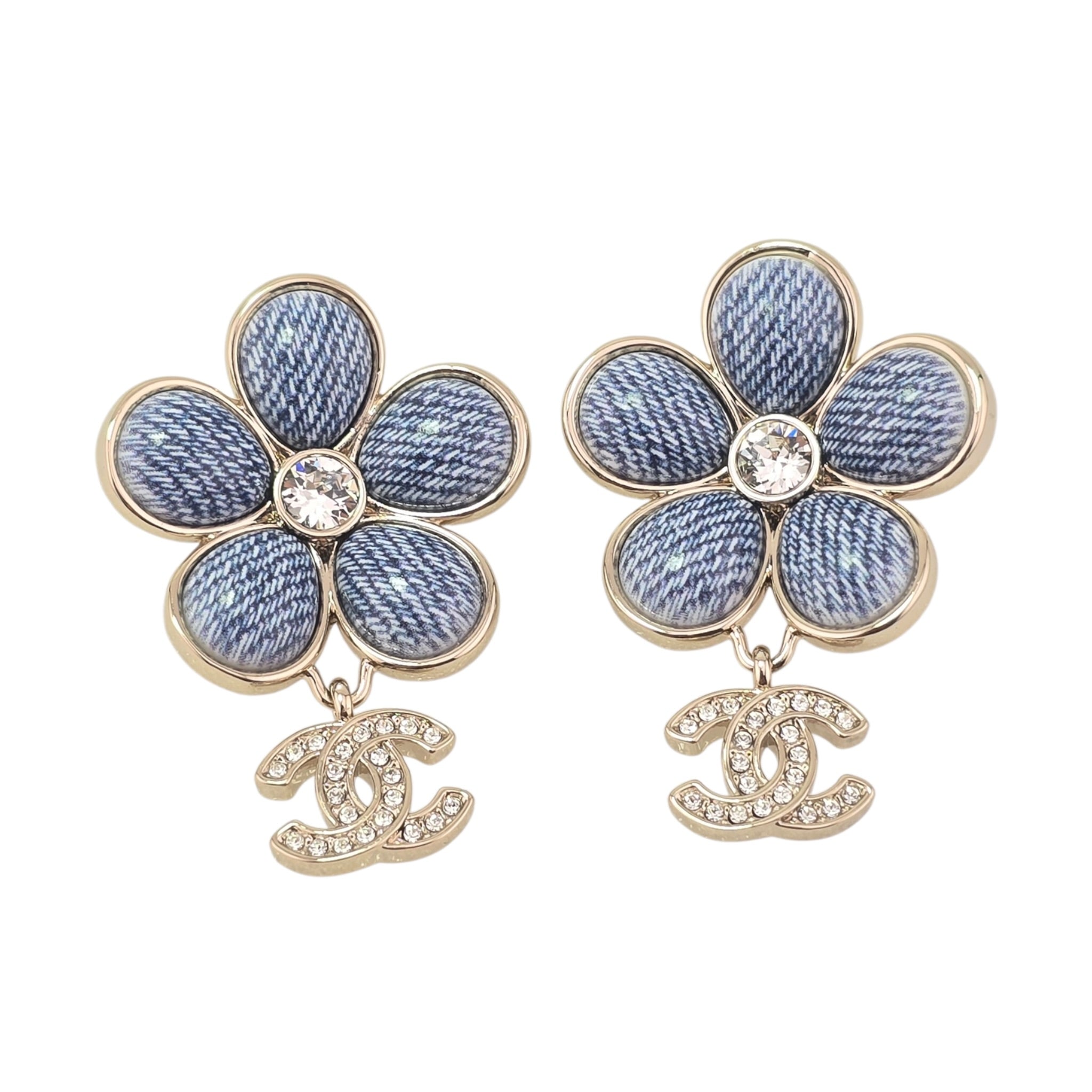 Chanel CC Enamel Crystal Floral Denim Drop Earrings 2026 CHANEL