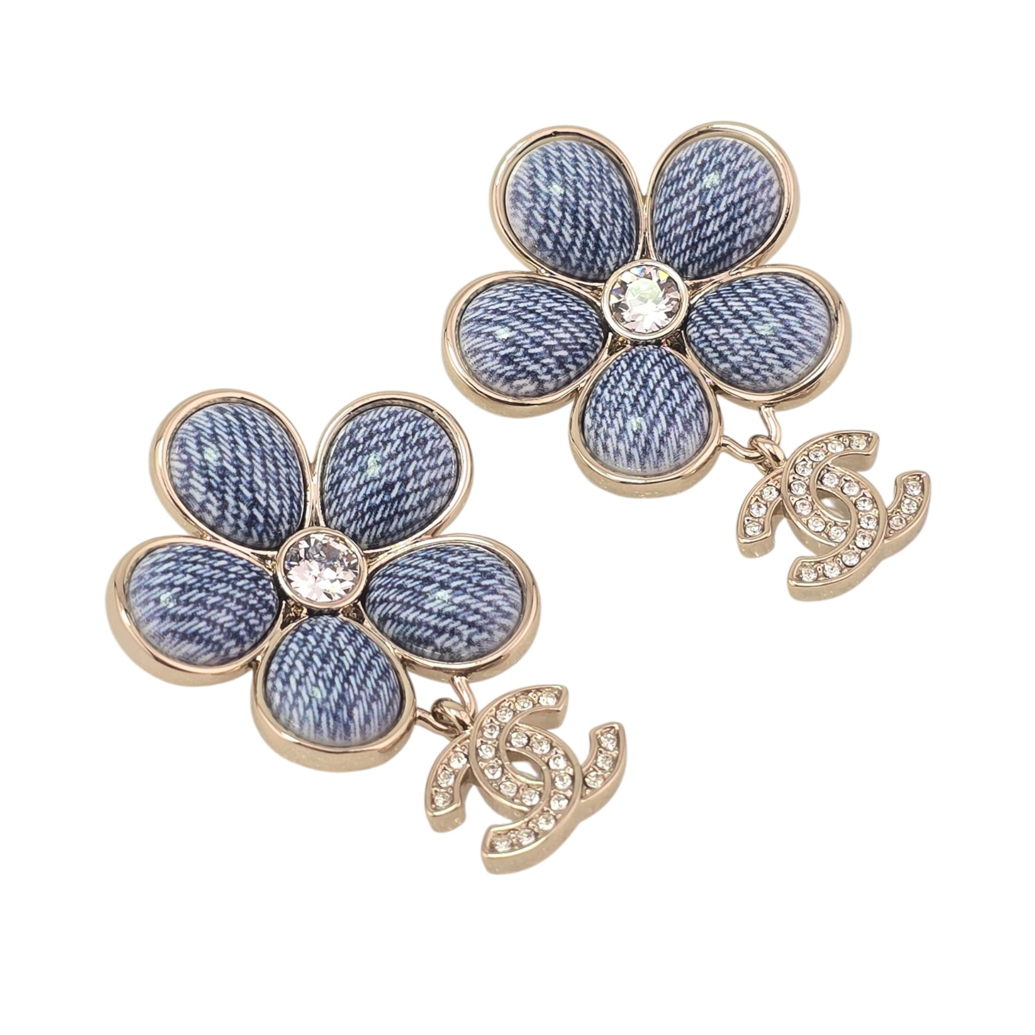 Chanel CC Enamel Crystal Floral Denim Drop Earrings 2026 CHANEL