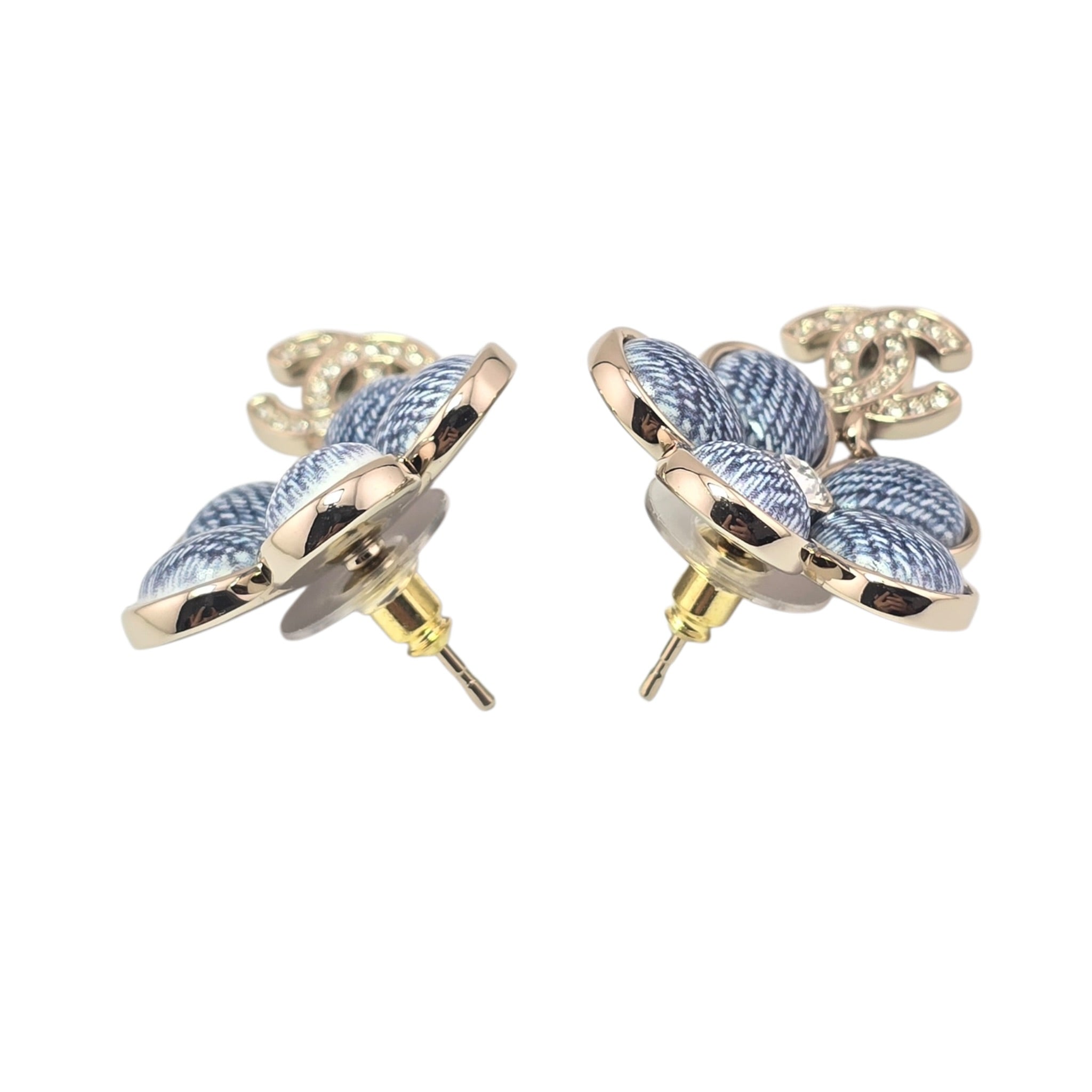 Chanel CC Enamel Crystal Floral Denim Drop Earrings 2026 CHANEL