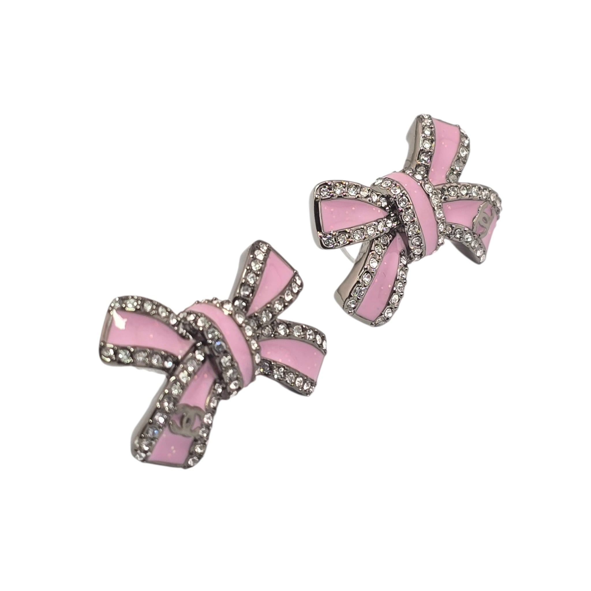 Chanel CC Silver Crystal Enamel Bow Earrings 2025 CHANEL