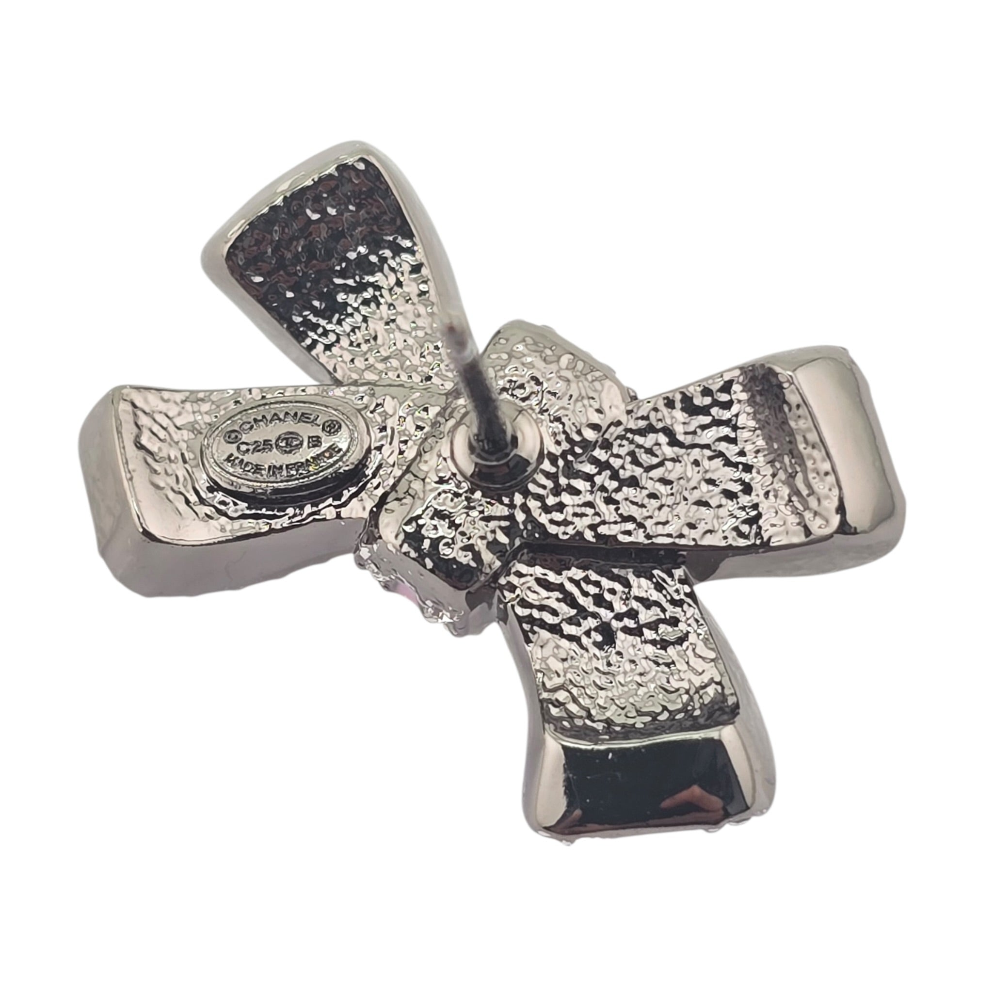 Chanel CC Silver Crystal Enamel Bow Earrings 2025 CHANEL