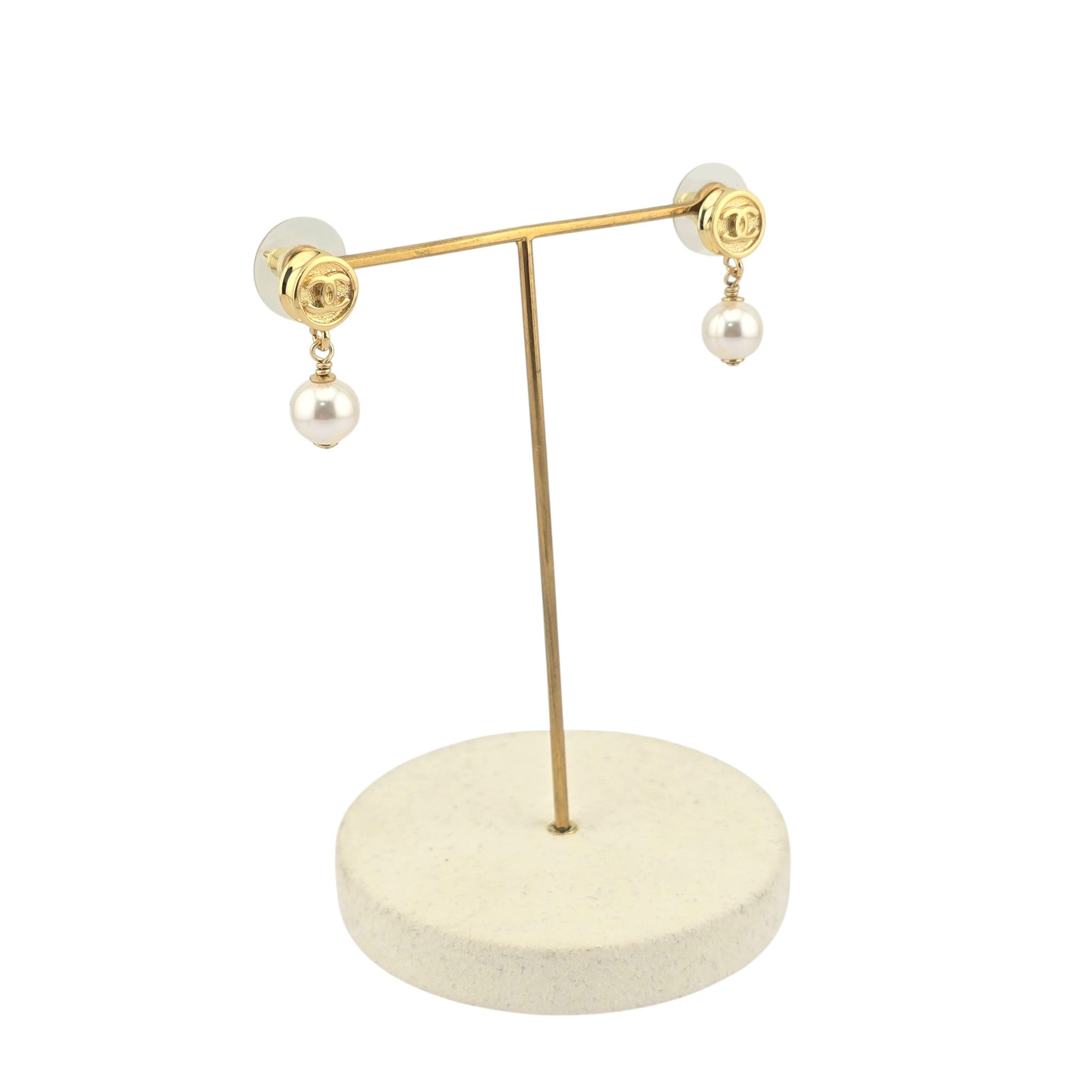 Chanel CC Pearl Drop Earrings Gold White 2026 CHANEL