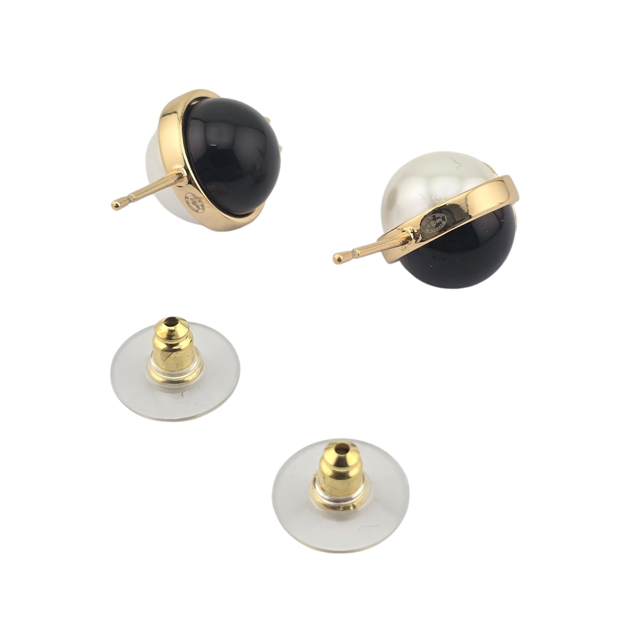 Chanel Pearl Metal CC Stud Earrings Gold Black White CHANEL