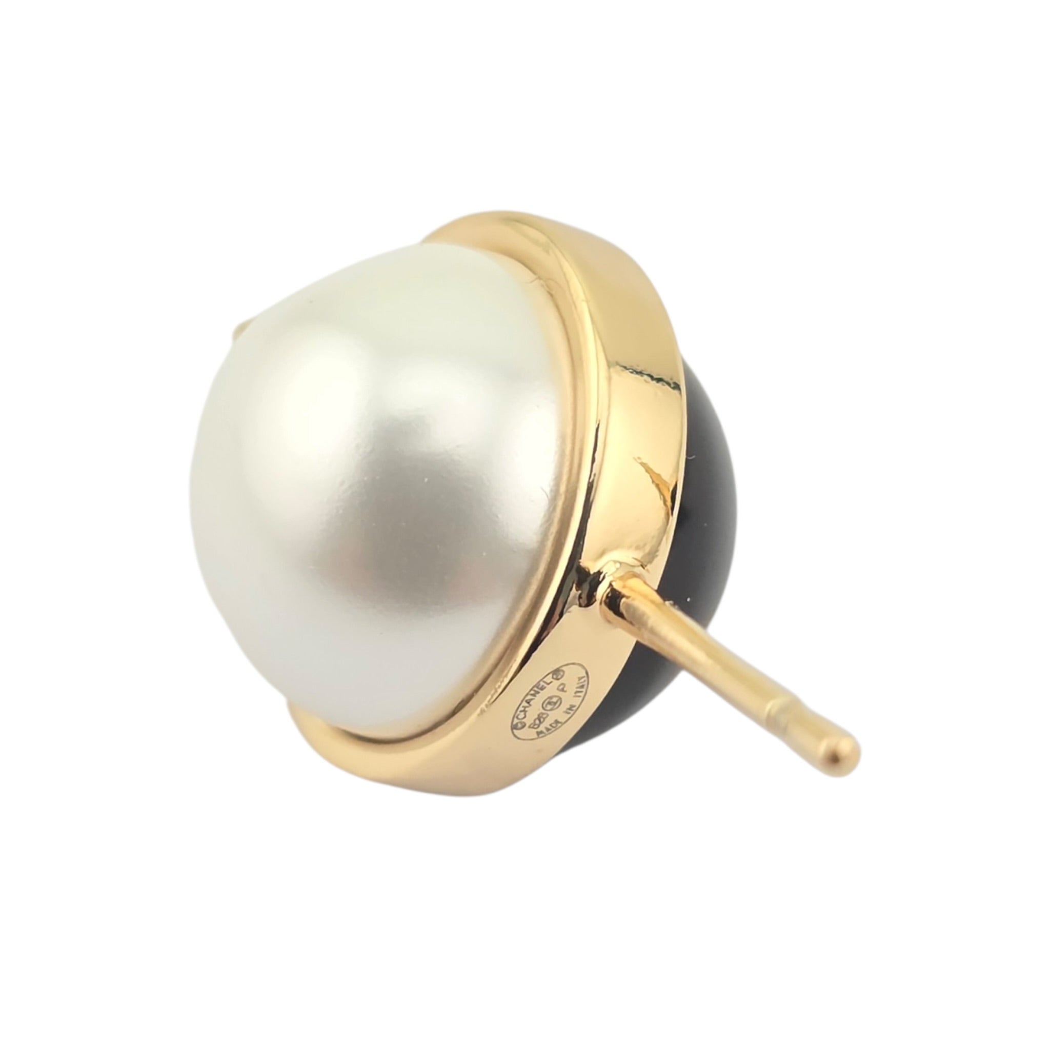 Chanel Pearl Metal CC Stud Earrings Gold Black White CHANEL