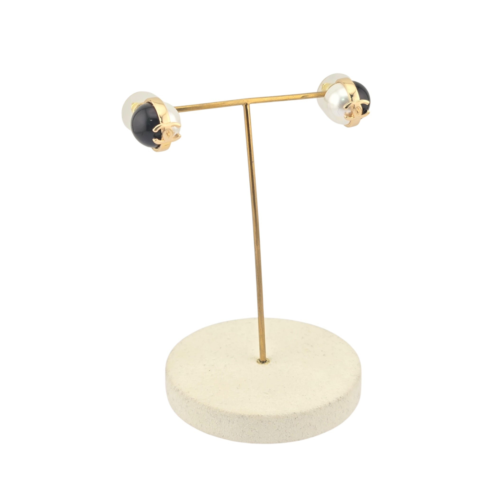Chanel Pearl Metal CC Stud Earrings Gold Black White CHANEL