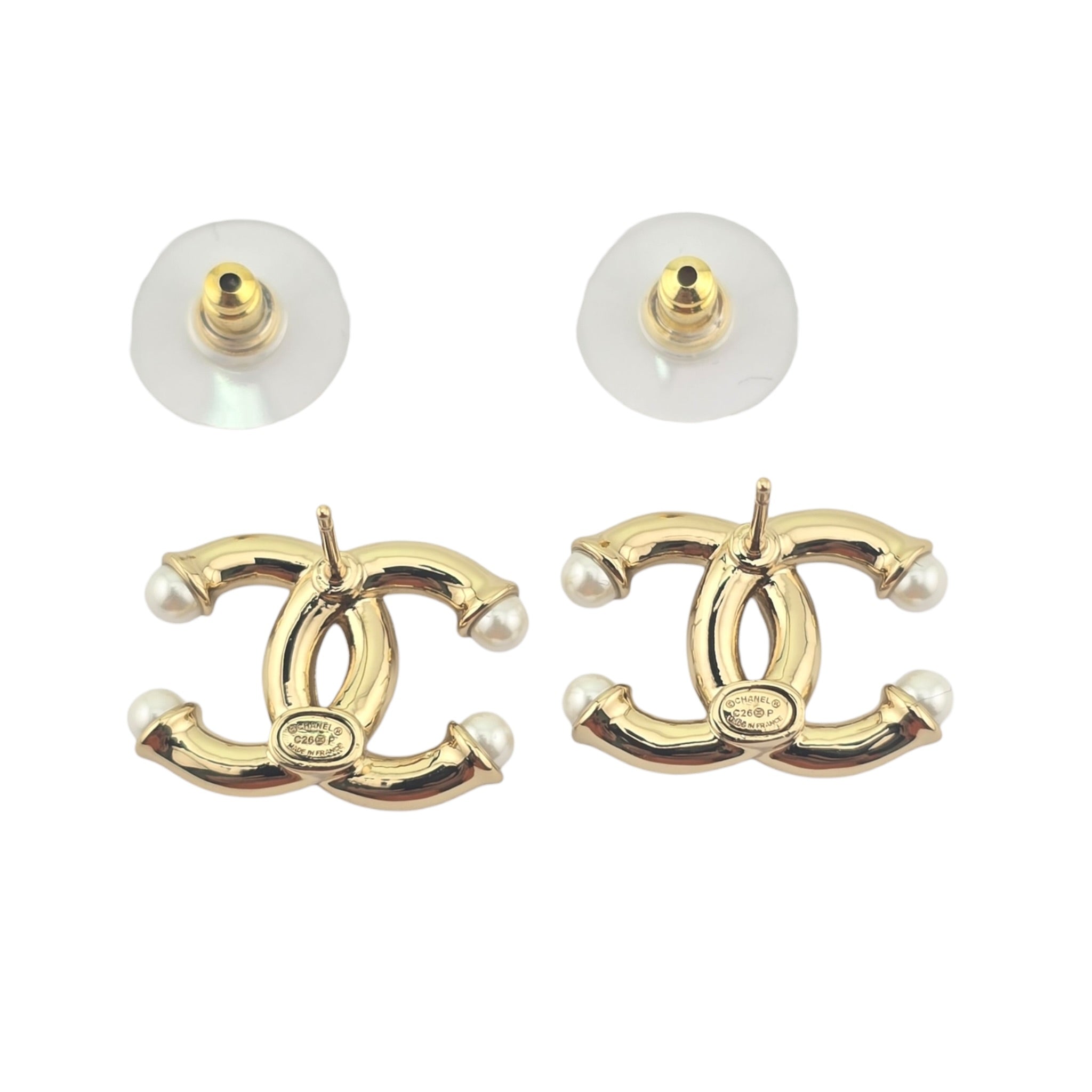 Chanel CC Gold Faux Pearl Stud Earrings 2026 CHANEL