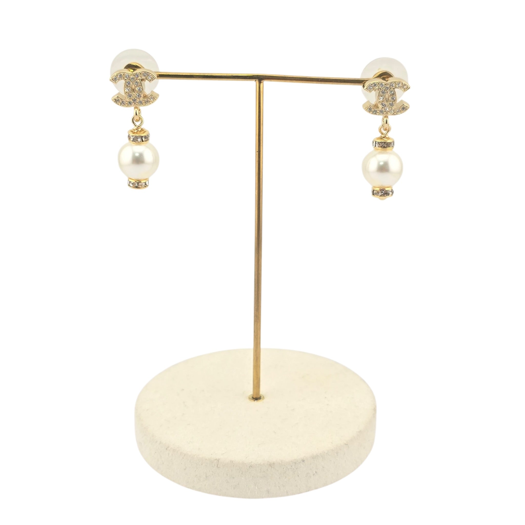 Chanel CC Pearl Drop Earrings Gold White 2026 CHANEL