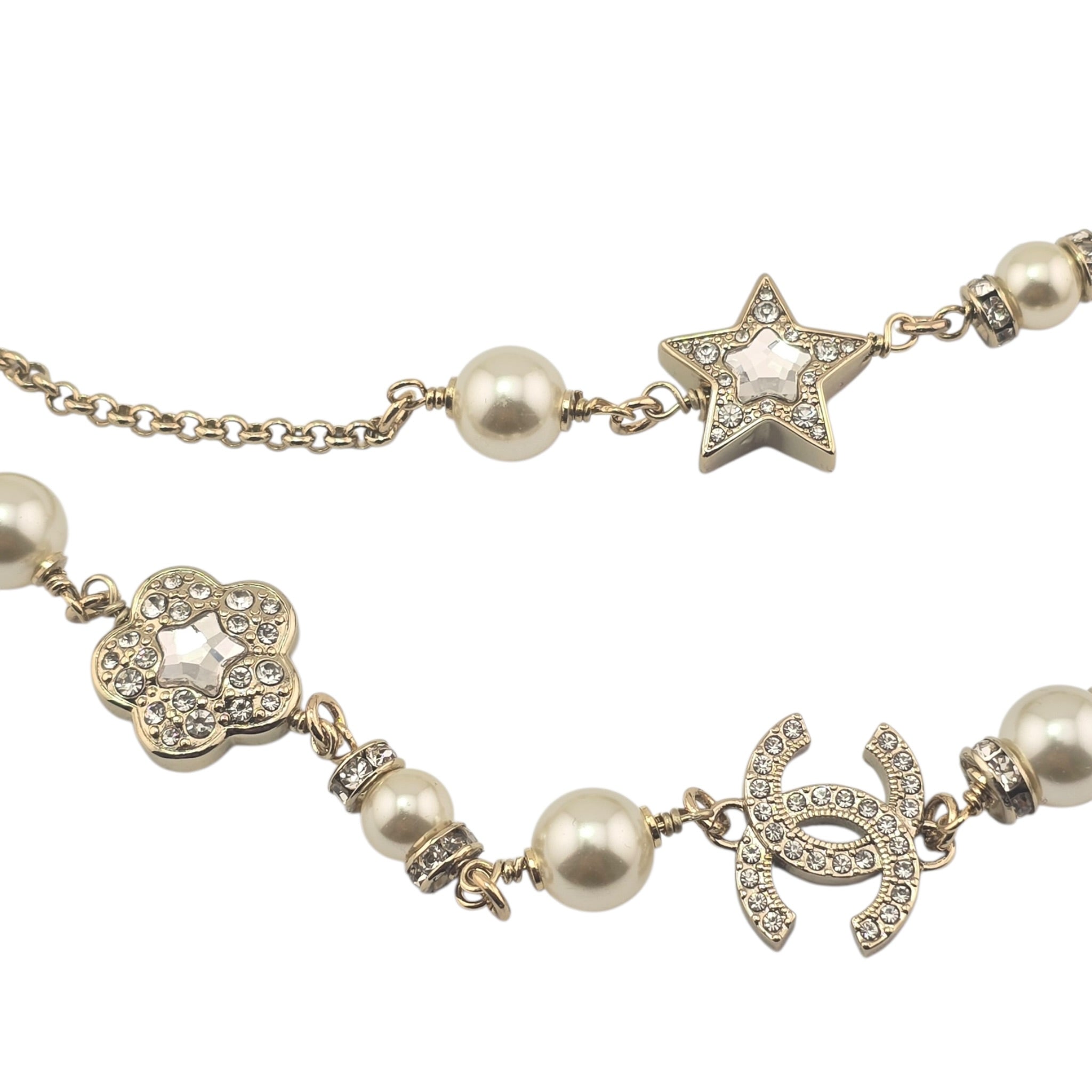 Chanel CC Faux Pearl Crystal Star Camellia Long Necklace 2025 CHANEL
