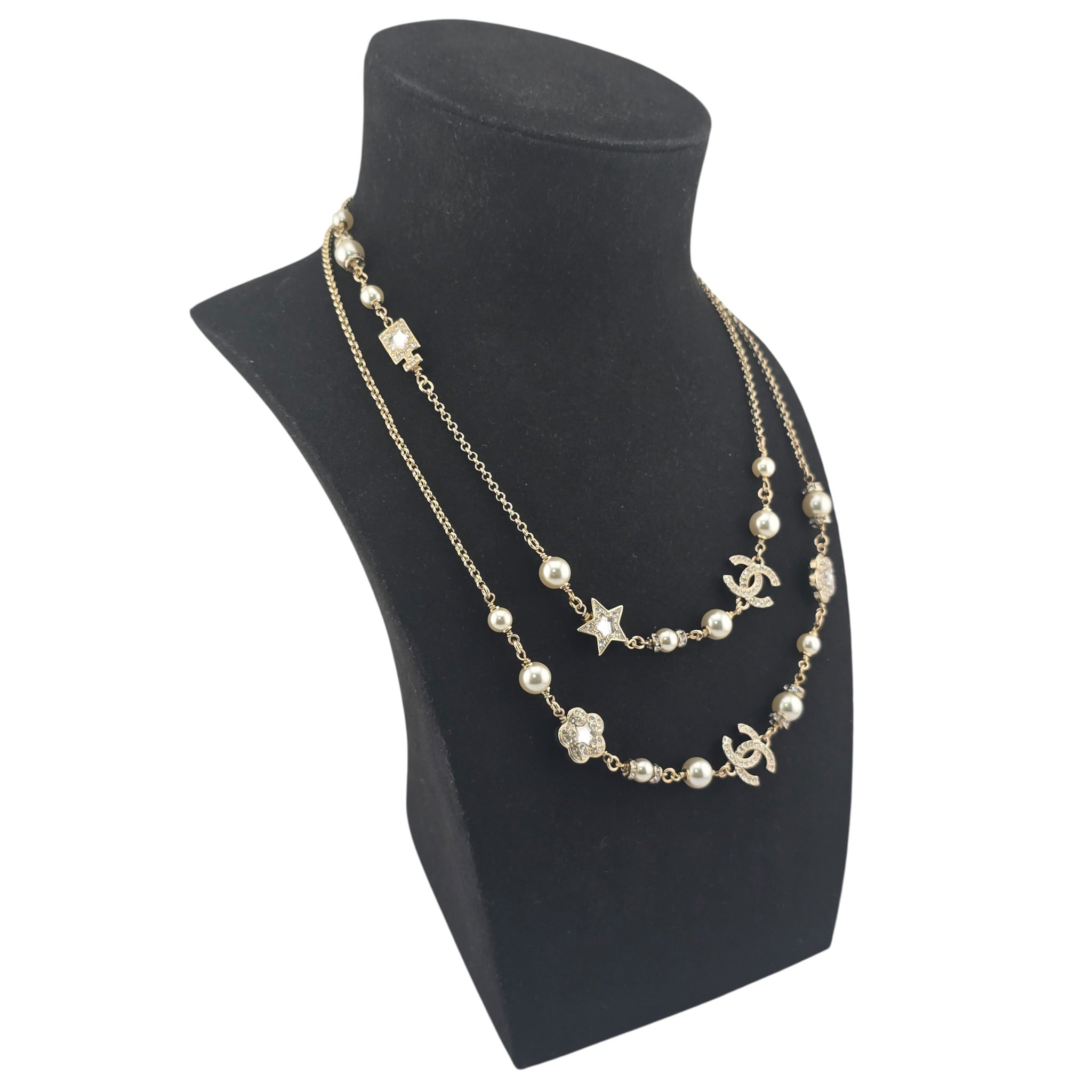 Chanel CC Faux Pearl Crystal Star Camellia Long Necklace 2025 CHANEL