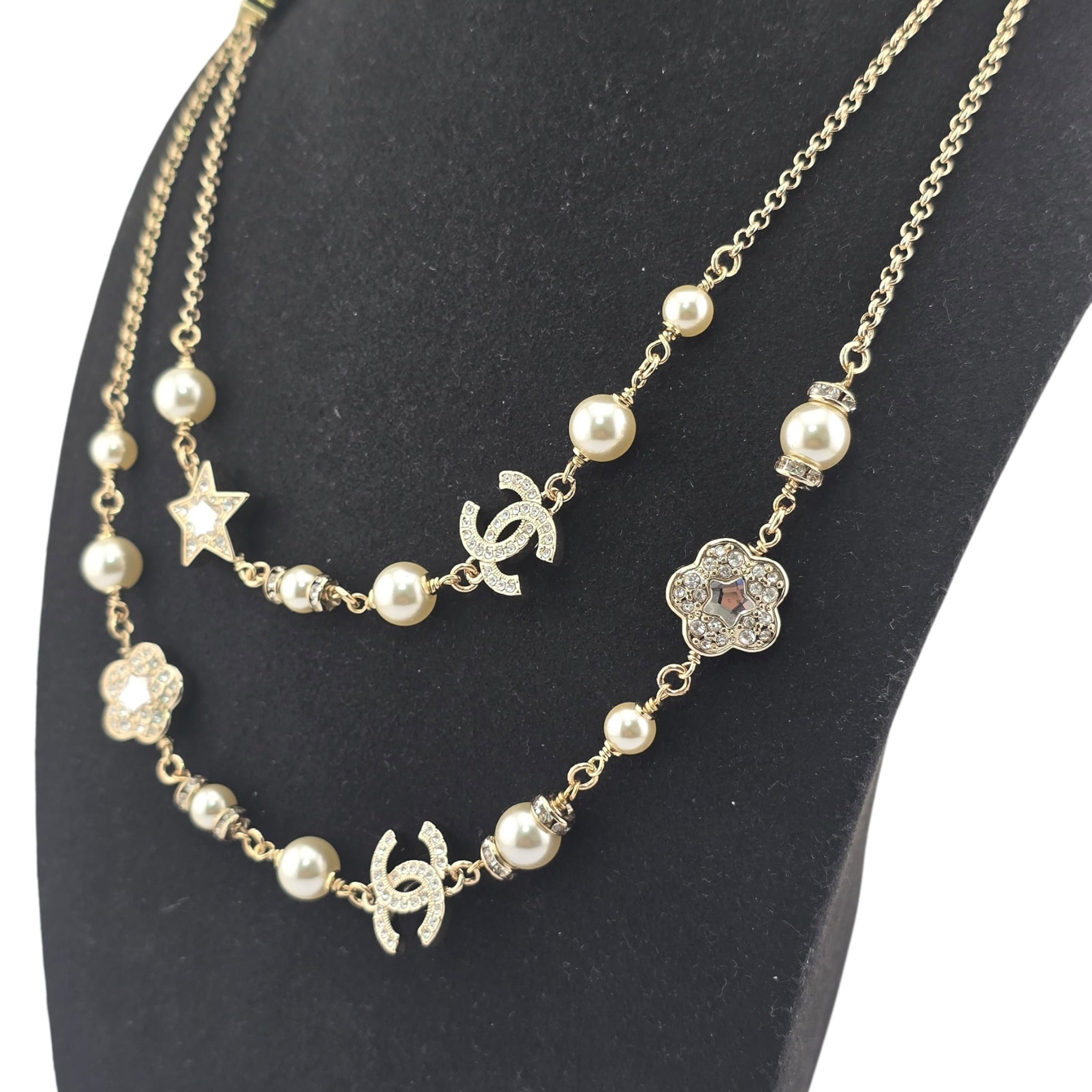 Chanel CC Faux Pearl Crystal Star Camellia Long Necklace 2025 CHANEL