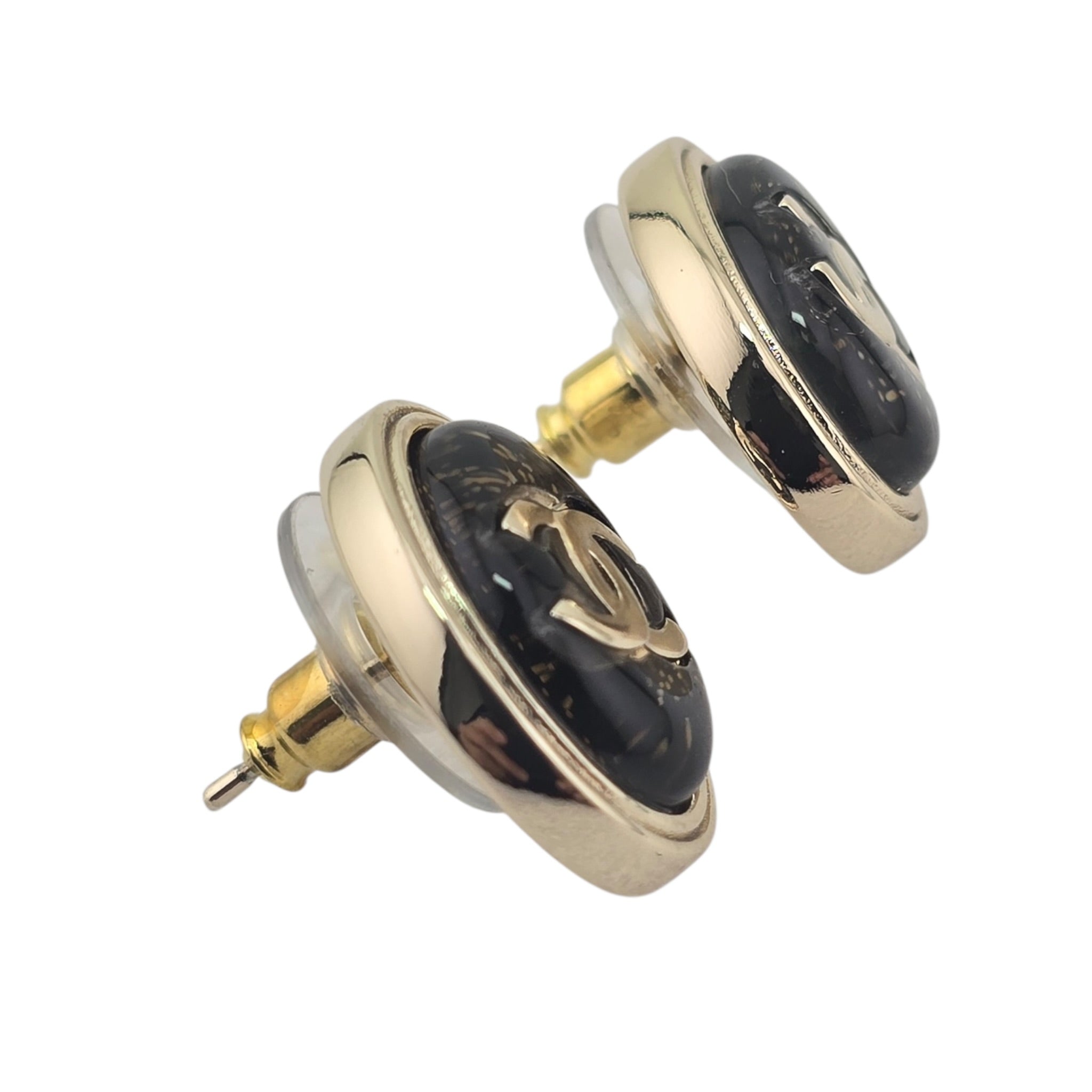 Chanel CC Metal Resin Oval Earrings Black Gold 2025 CHANEL