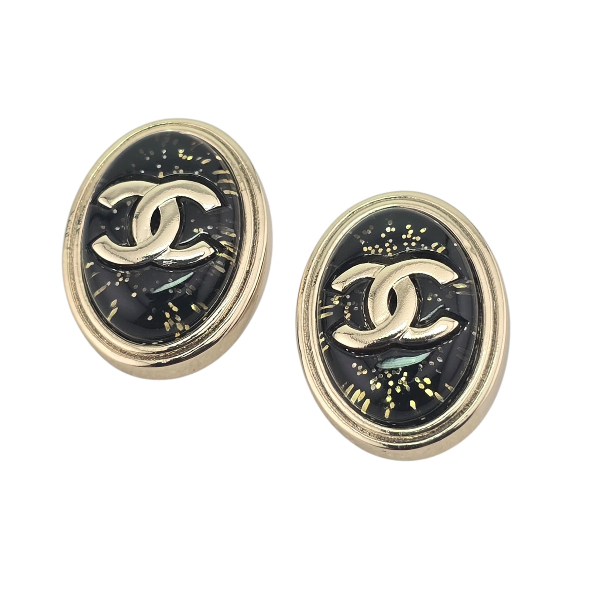Chanel CC Metal Resin Oval Earrings Black Gold 2025 CHANEL