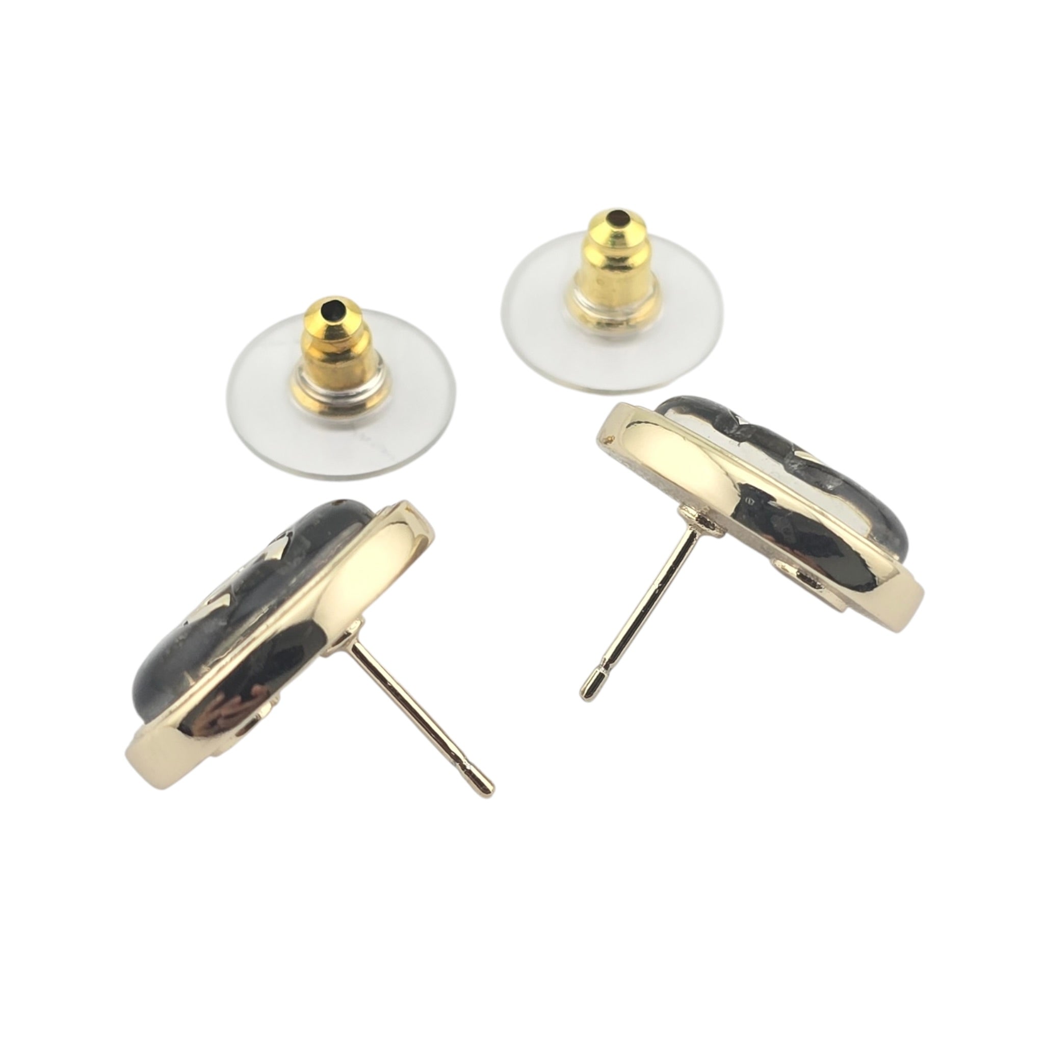 Chanel CC Metal Resin Oval Earrings Black Gold 2025 CHANEL