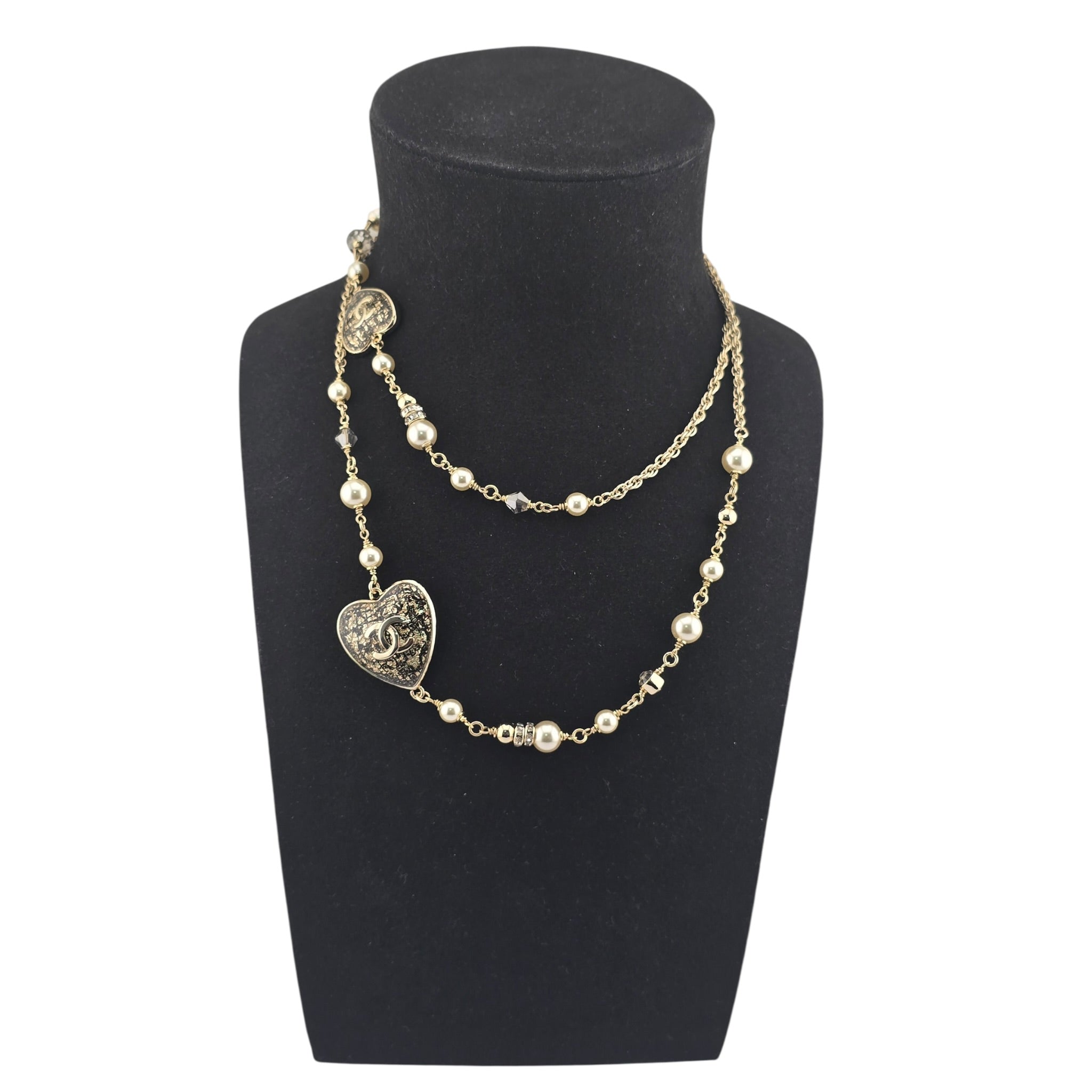 Chanel CC Long Necklace Black Gold Hearts 2024 CHANEL
