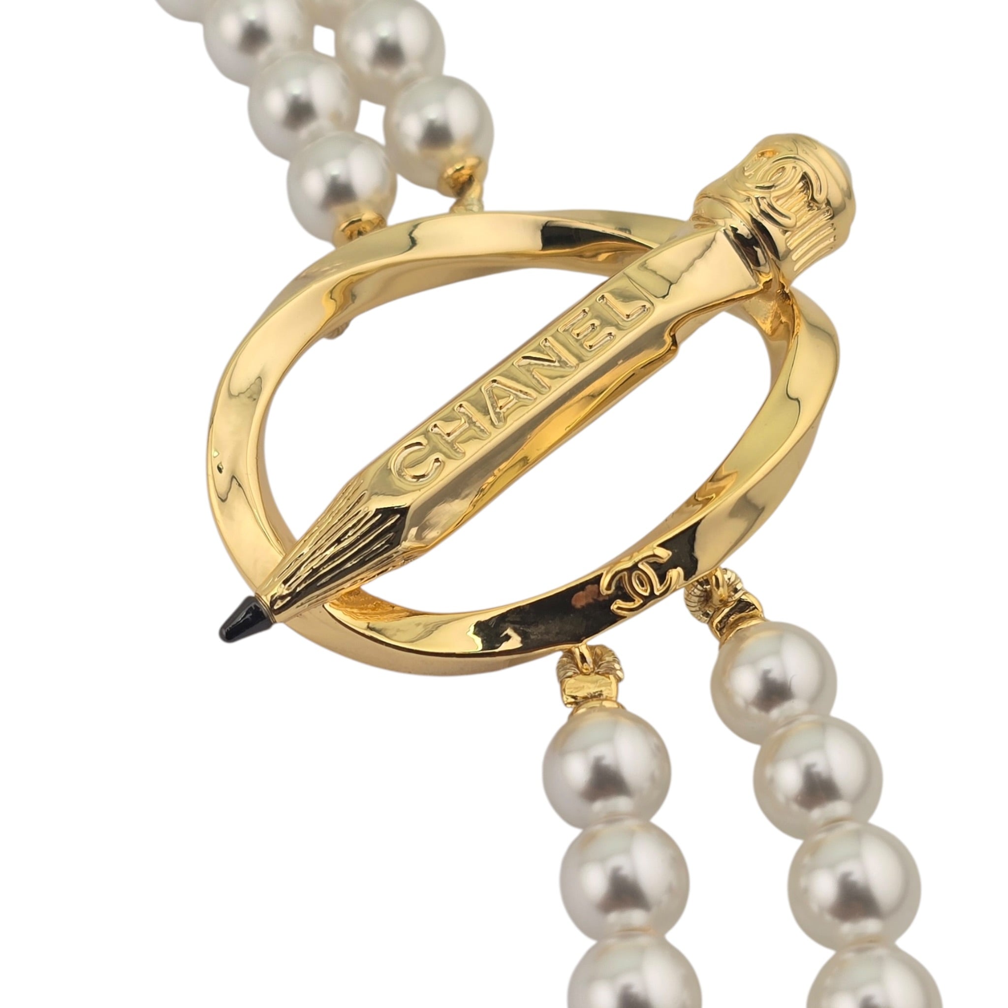 Chanel CC Gold Pencil Pendant Long Faux Pearl Necklace 2025 CHANEL