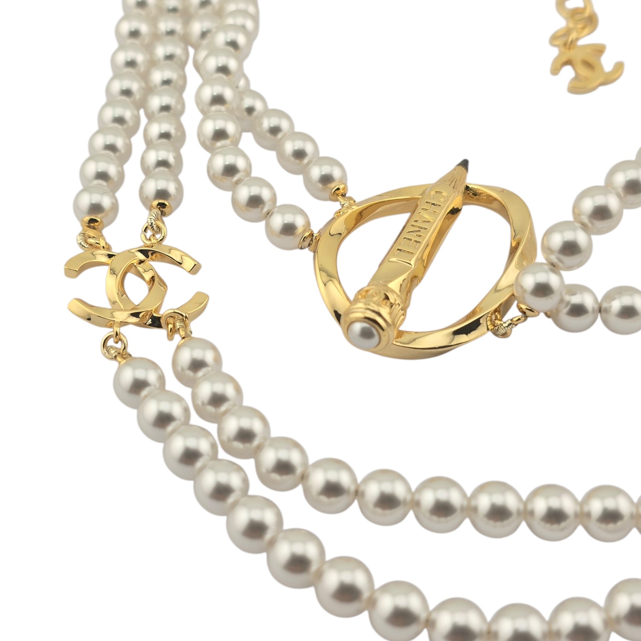 Chanel CC Gold Pencil Pendant Long Faux Pearl Necklace 2025 CHANEL