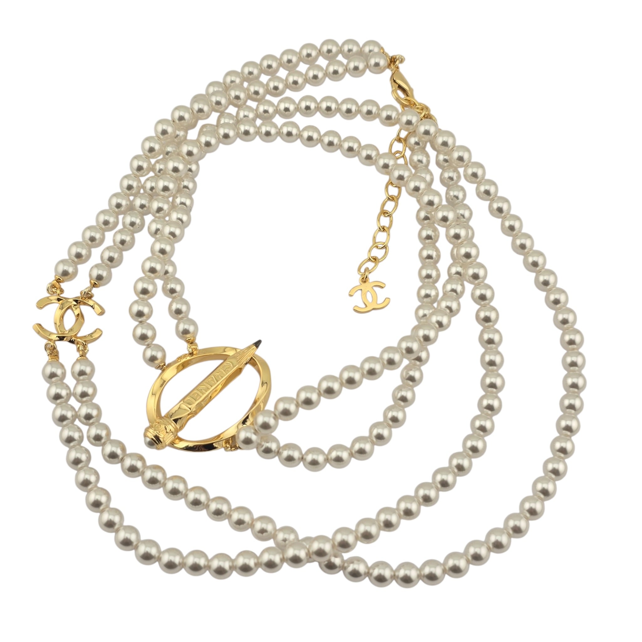 Chanel CC Gold Pencil Pendant Long Faux Pearl Necklace 2025 CHANEL