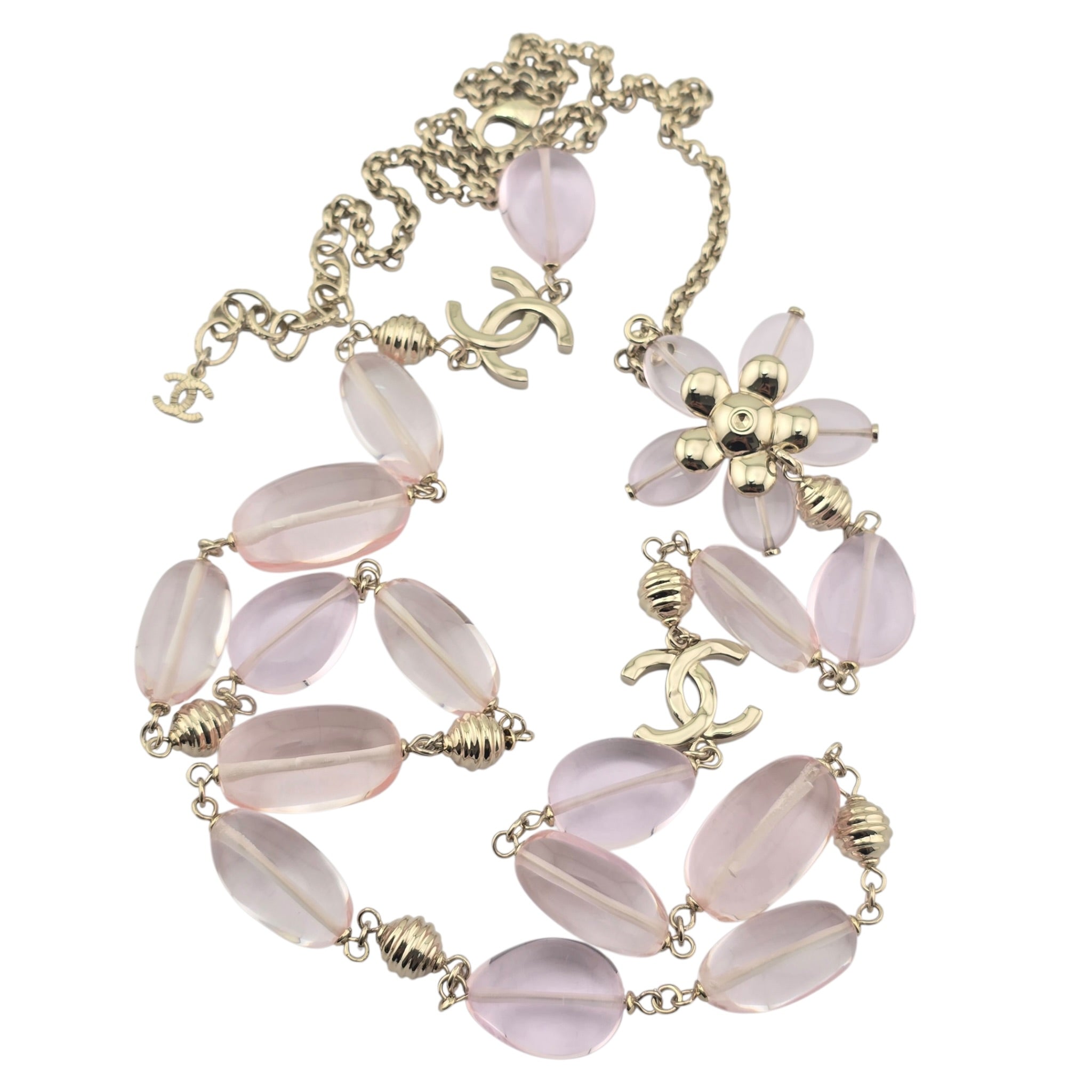 Chanel CC Pink Resin Bead Gold Long Necklace 2026 CHANEL