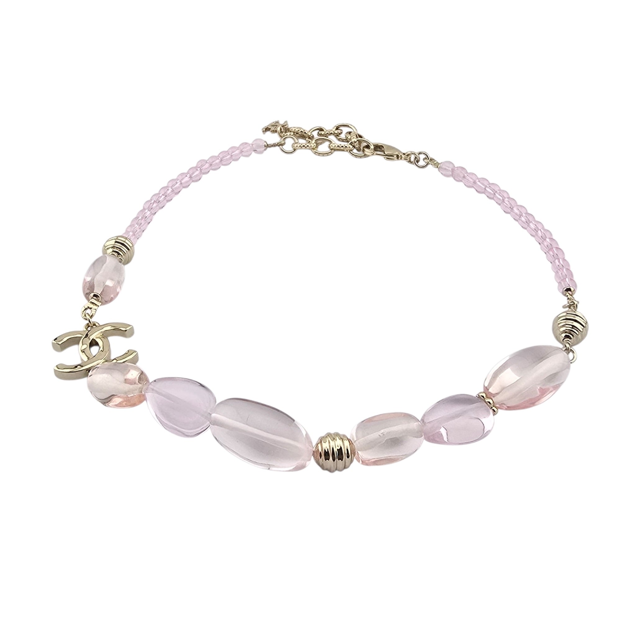 Chanel CC Pink Resin Bead Gold Necklace 2025 CHANEL