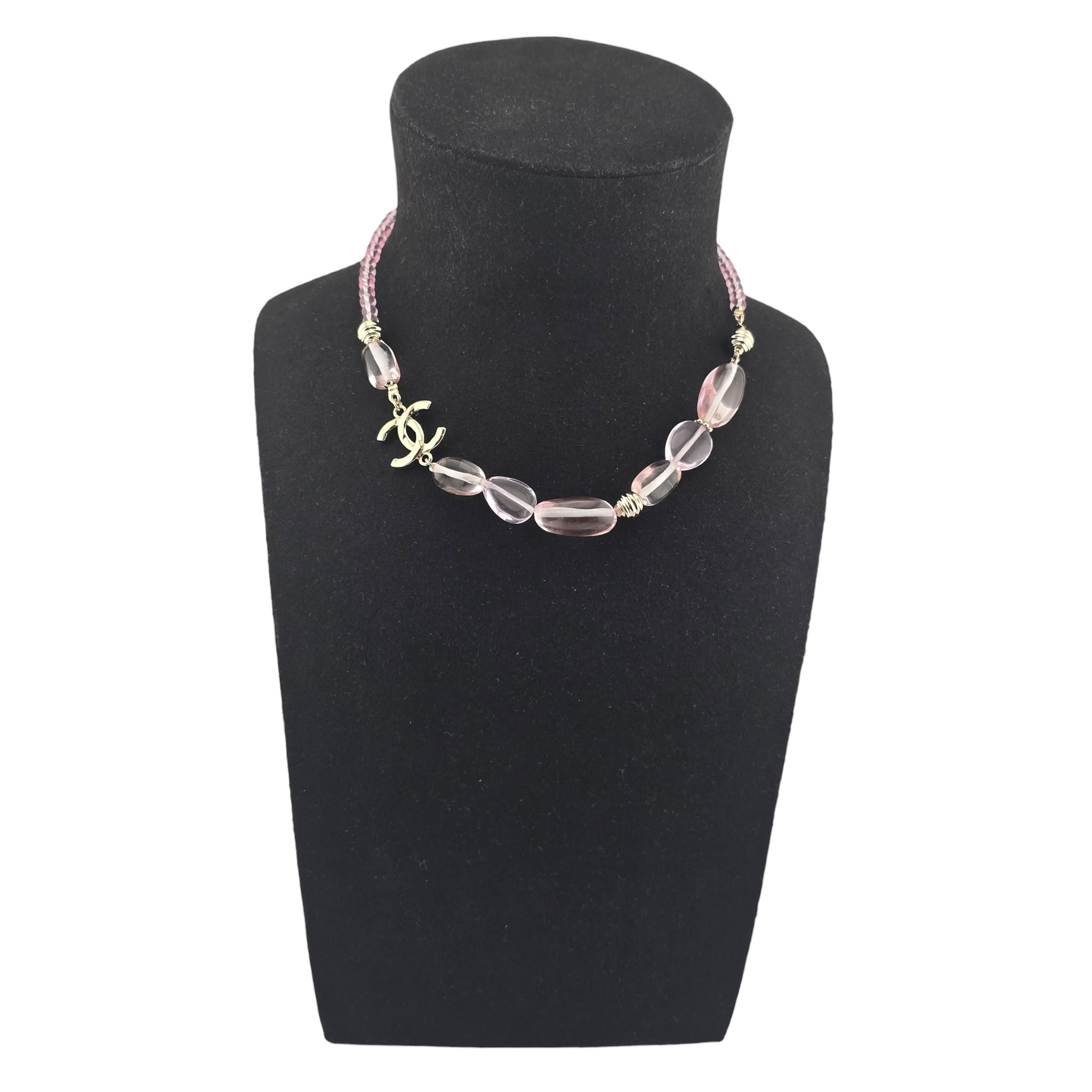 Chanel CC Pink Resin Bead Gold Necklace 2025 CHANEL