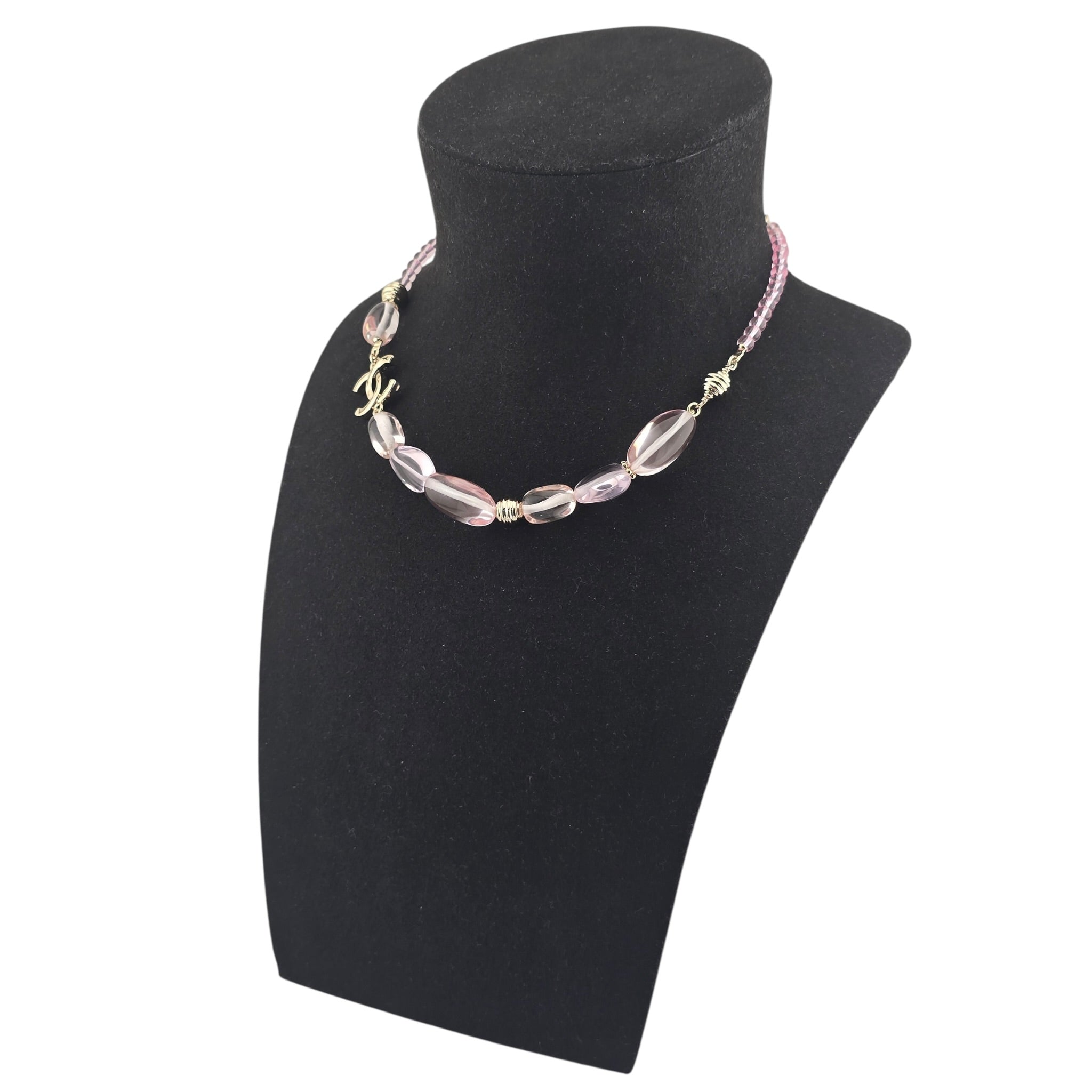 Chanel CC Pink Resin Bead Gold Necklace 2025 CHANEL