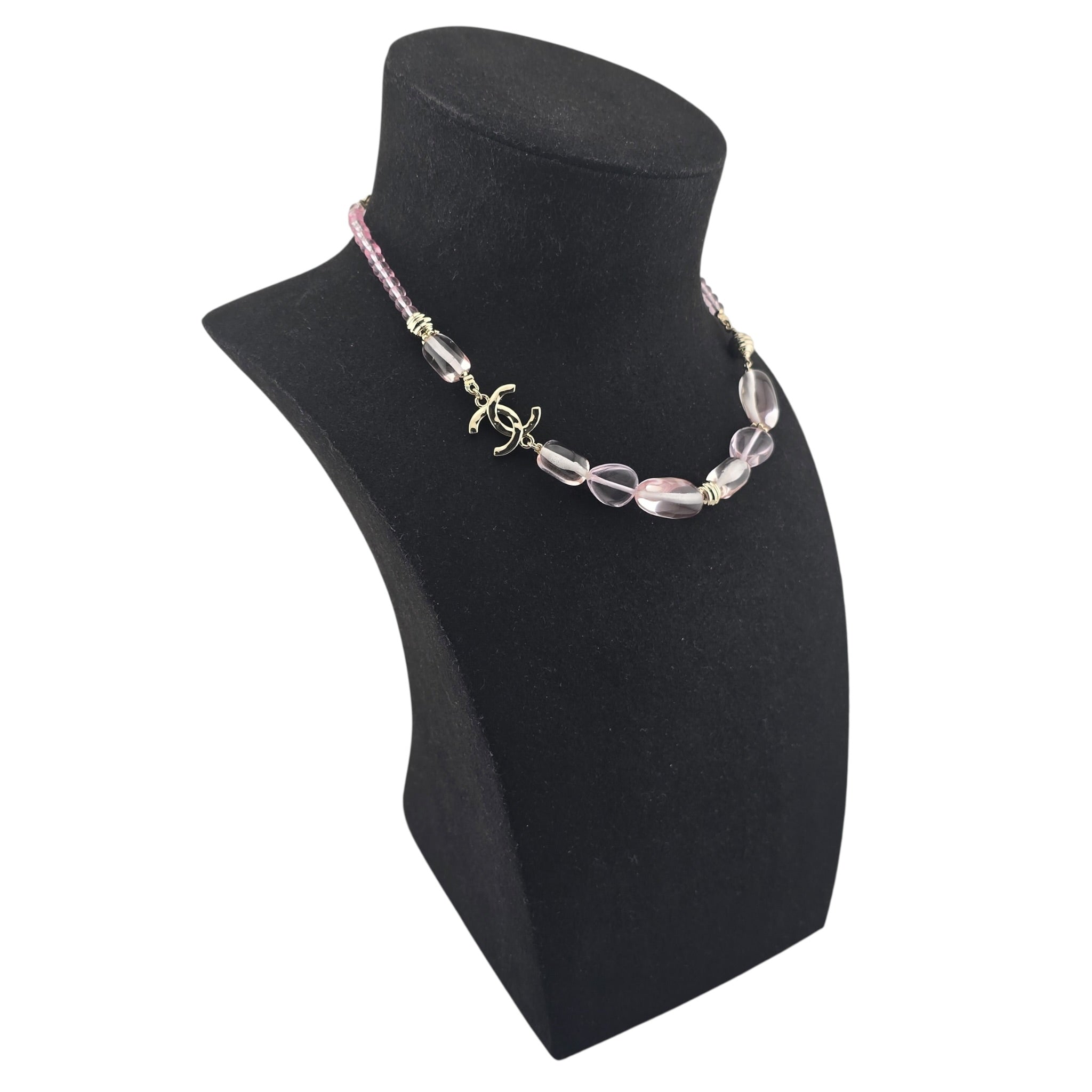 Chanel CC Pink Resin Bead Gold Necklace 2025 CHANEL