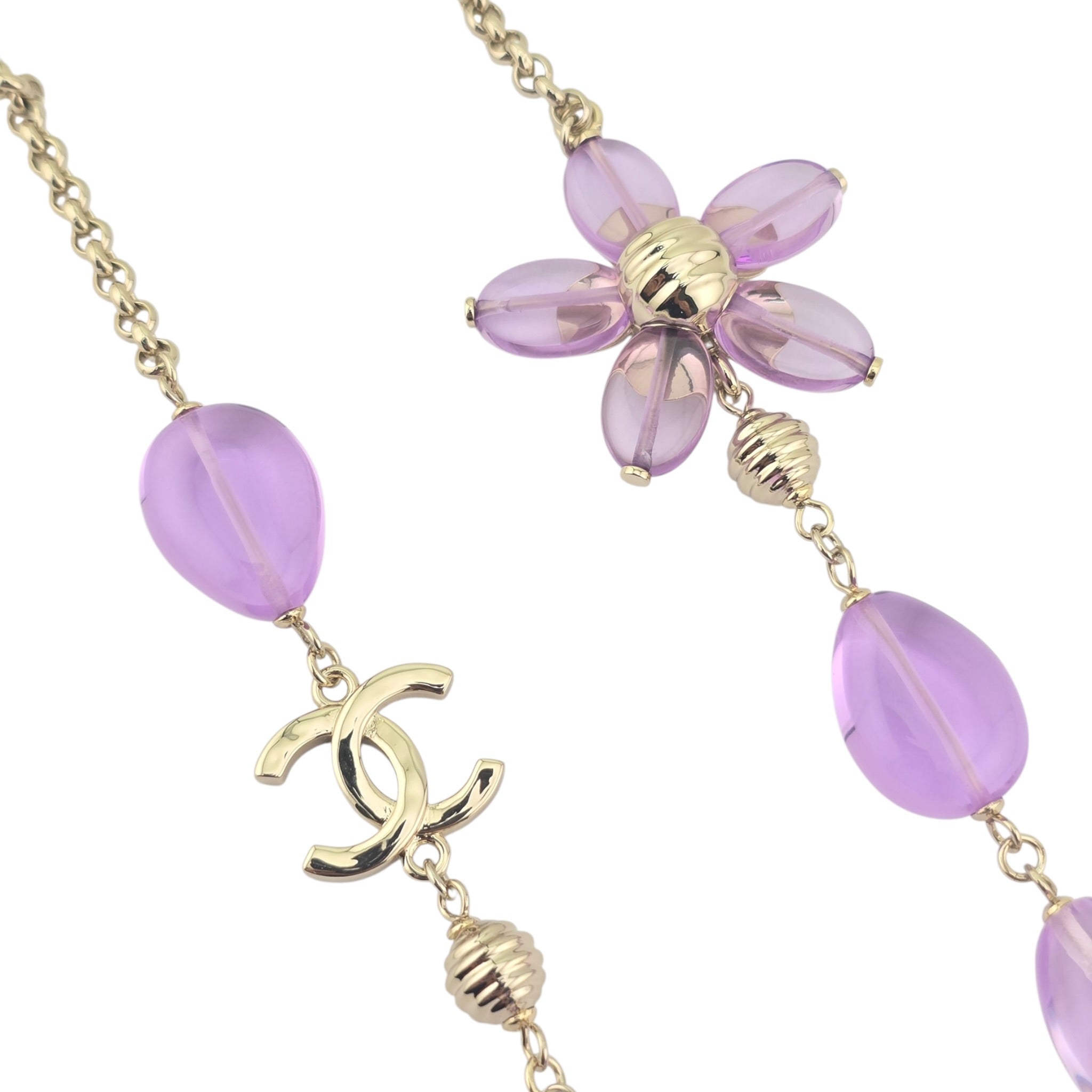 Chanel CC Purple Resin Bead Gold Long Necklace 2026 CHANEL