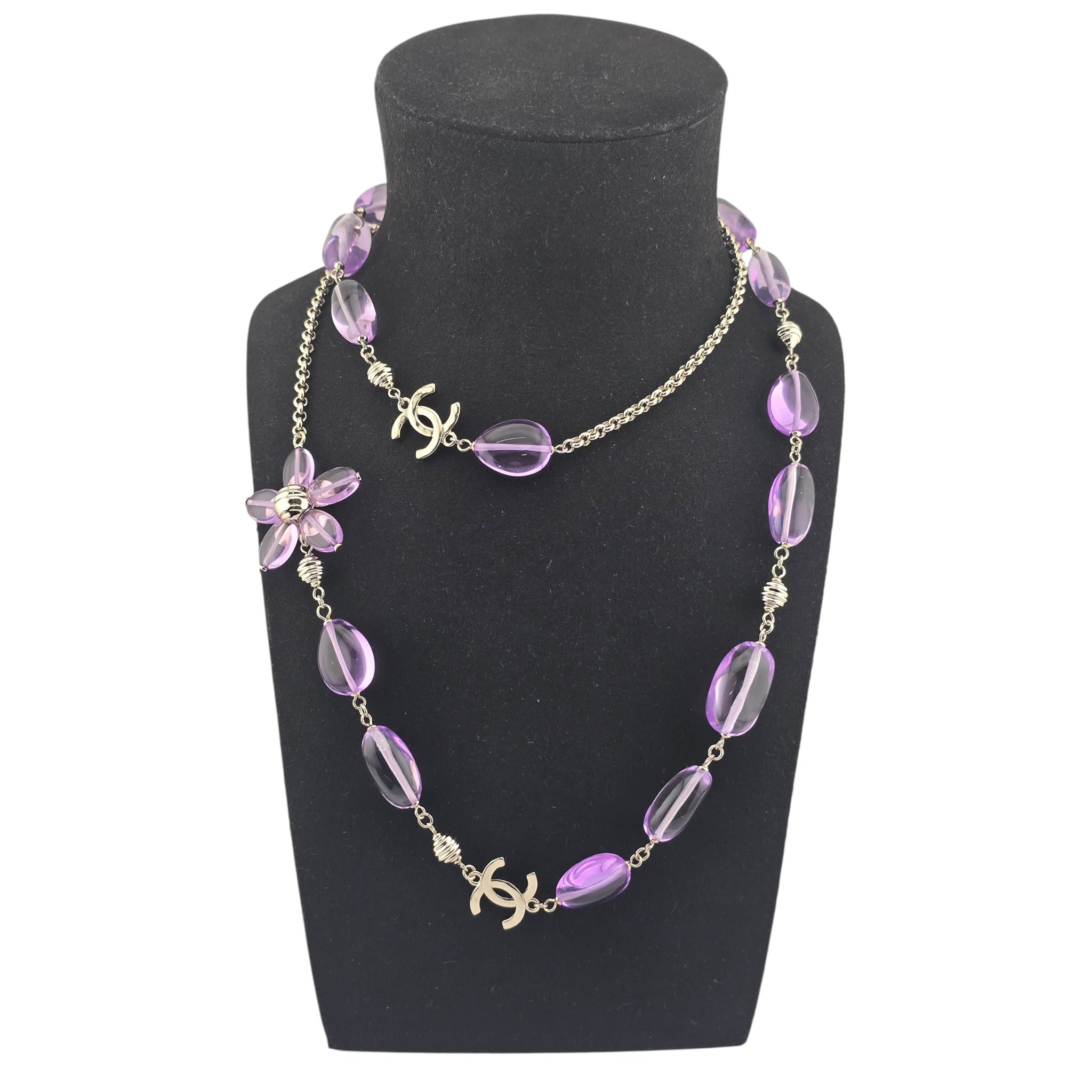 Chanel CC Purple Resin Bead Gold Long Necklace 2026 CHANEL