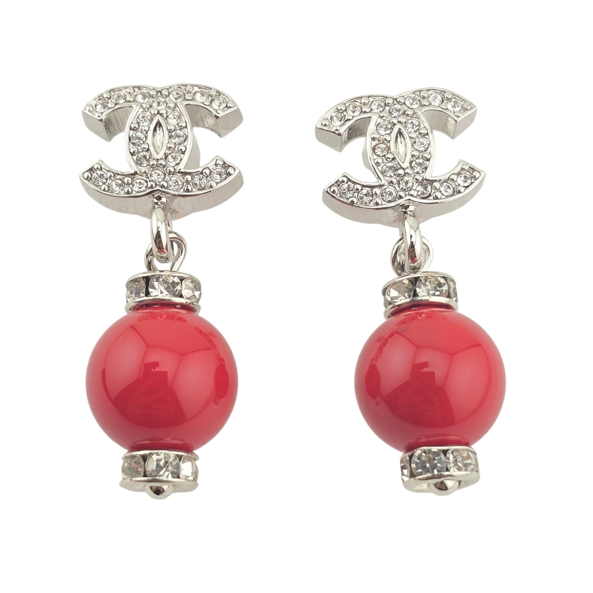 Chanel CC Pearl Drop Earrings Silver Red 2026 CHANEL
