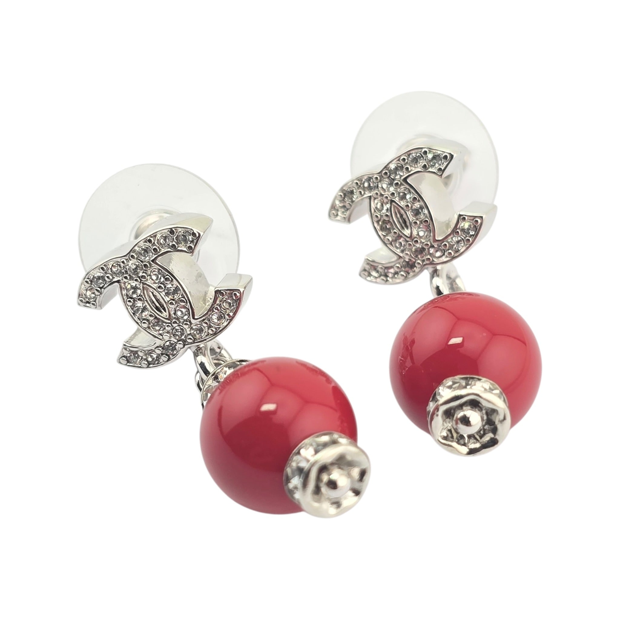 Chanel CC Pearl Drop Earrings Silver Red 2026 CHANEL