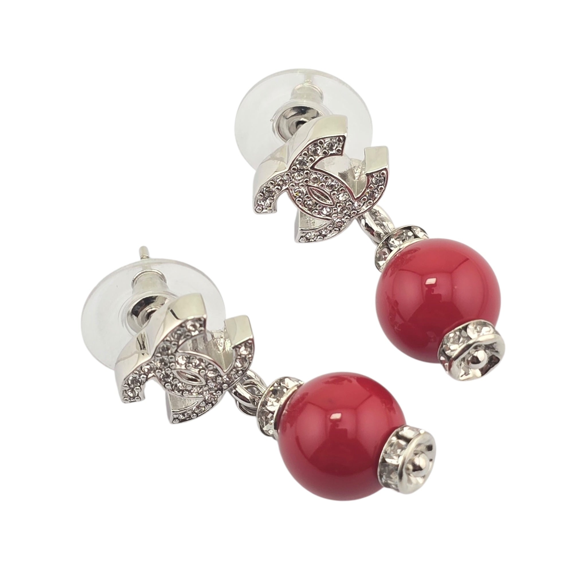 Chanel CC Pearl Drop Earrings Silver Red 2026 CHANEL