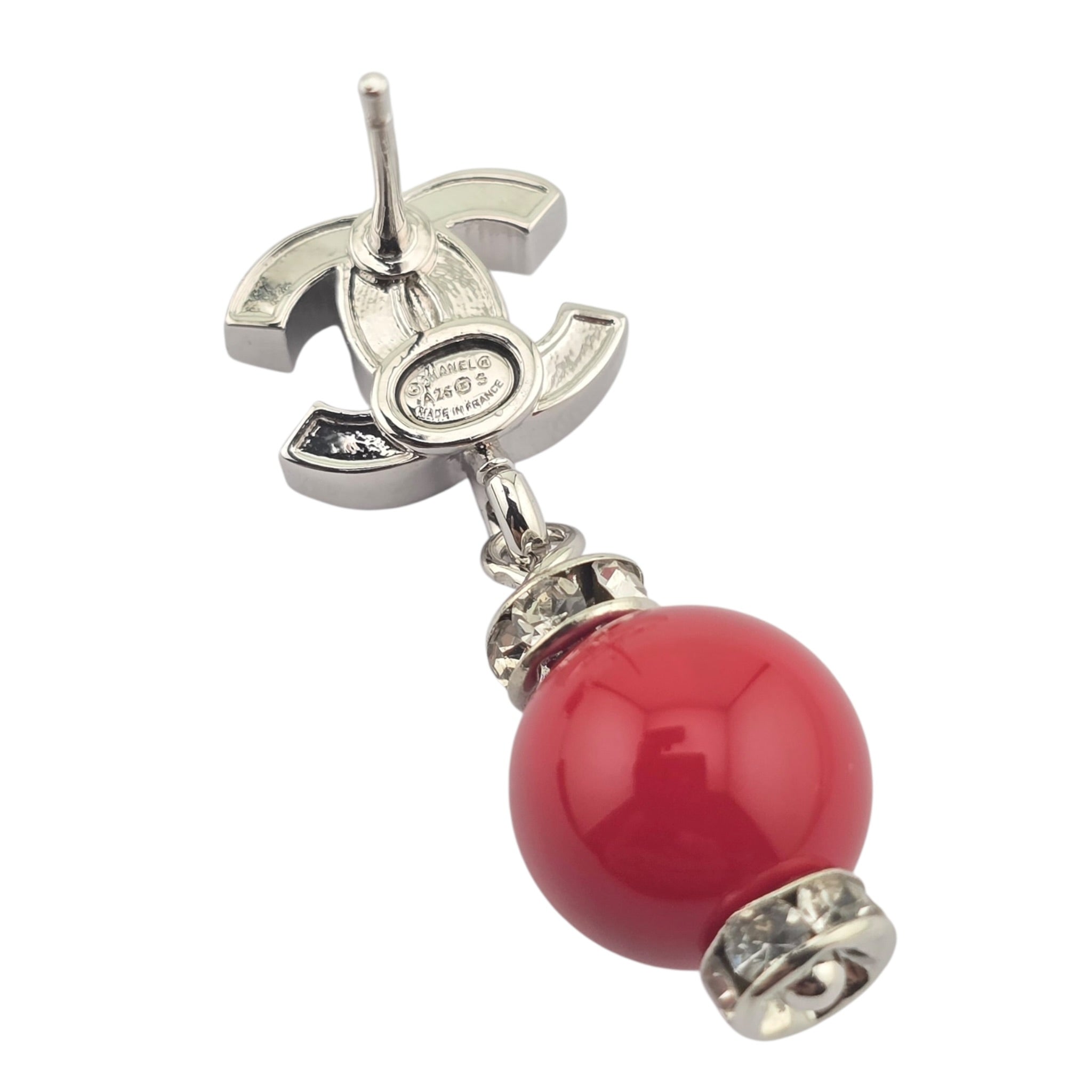 Chanel CC Pearl Drop Earrings Silver Red 2026 CHANEL