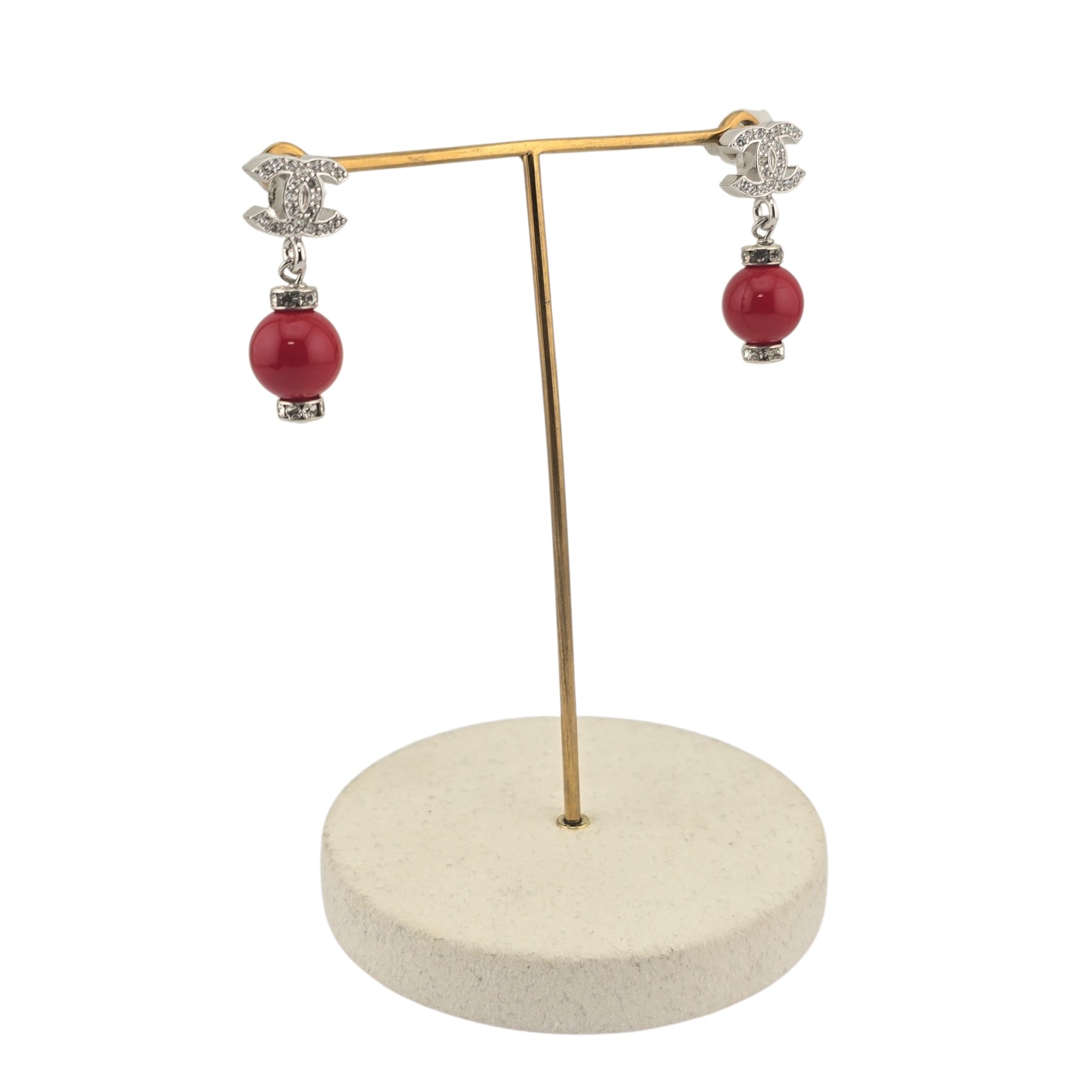 Chanel CC Pearl Drop Earrings Silver Red 2026 CHANEL