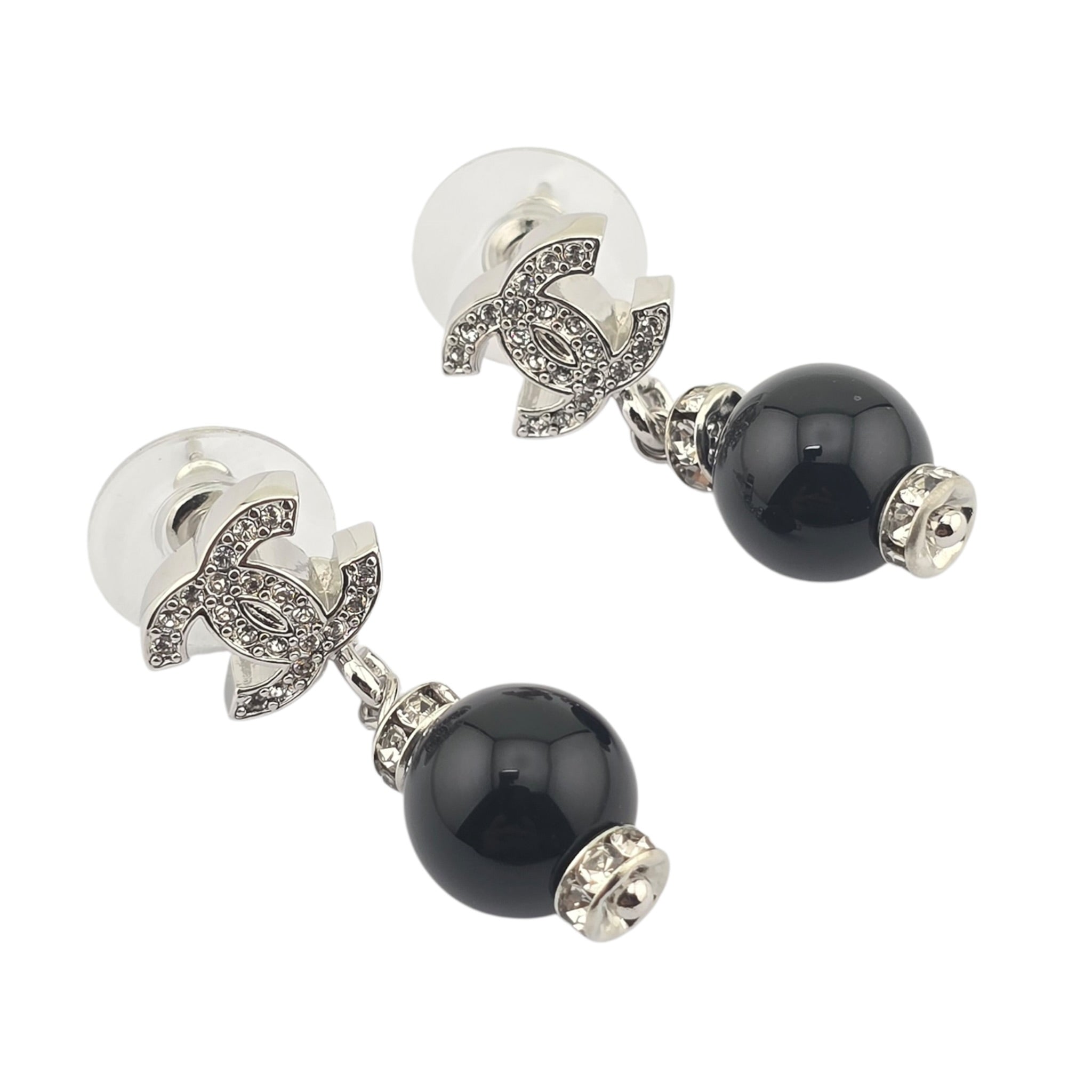 Chanel CC Pearl Drop Earrings Silver Black 2026 CHANEL
