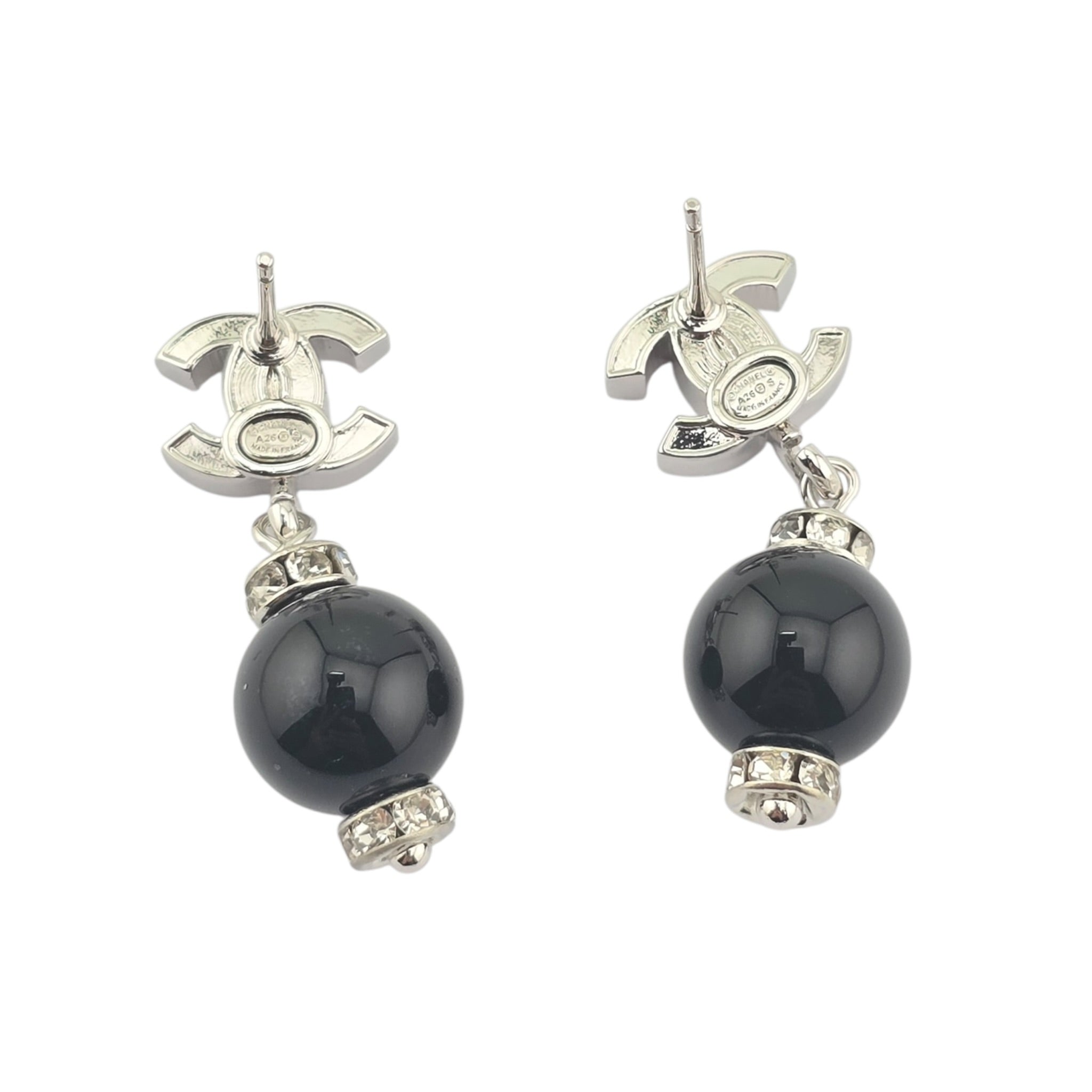 Chanel CC Pearl Drop Earrings Silver Black 2026 CHANEL