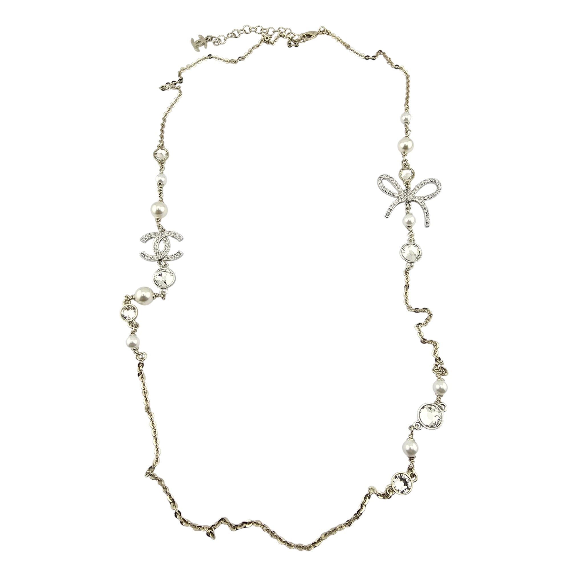 Chanel CC Gold Silver Bow Faux Pearl Long Necklace 2025 CHANEL