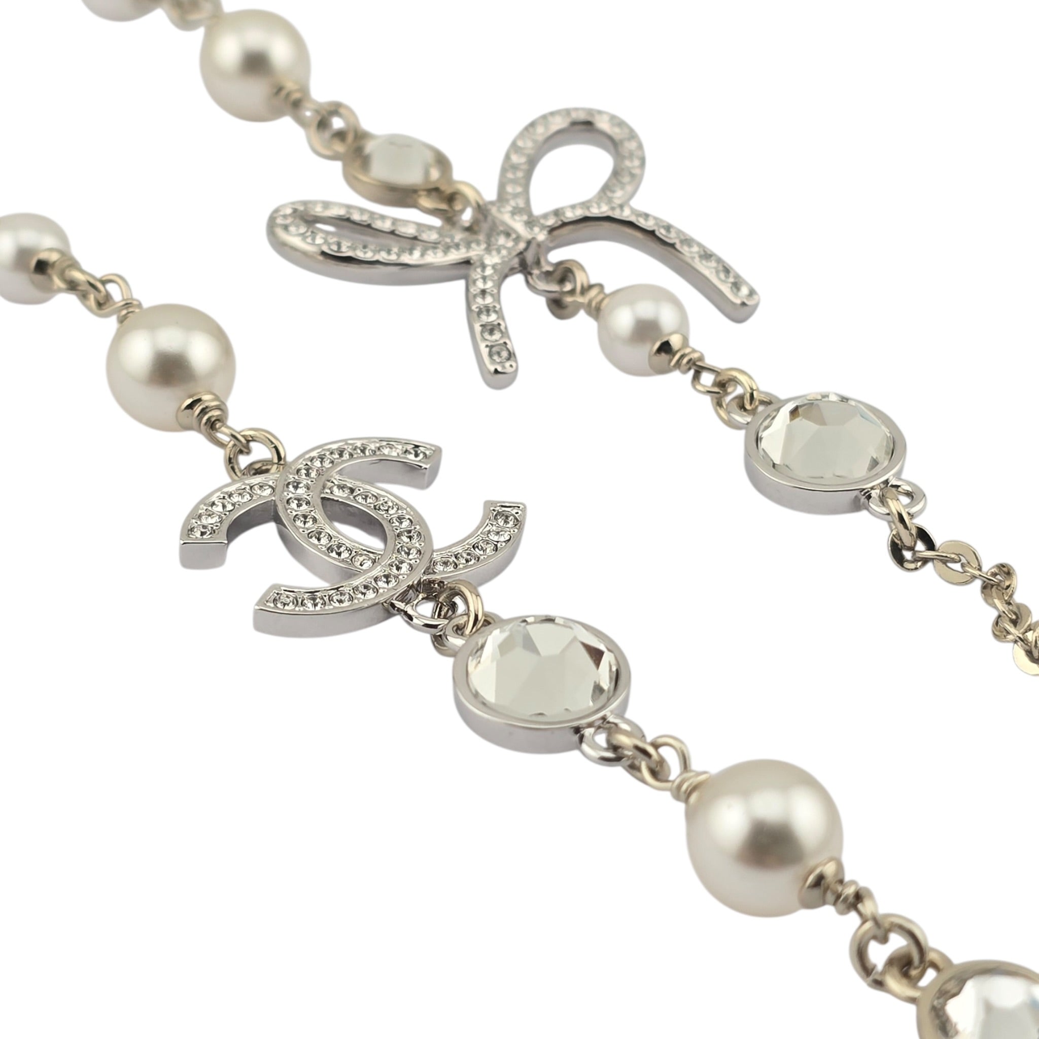 Chanel CC Gold Silver Bow Faux Pearl Long Necklace 2025 CHANEL