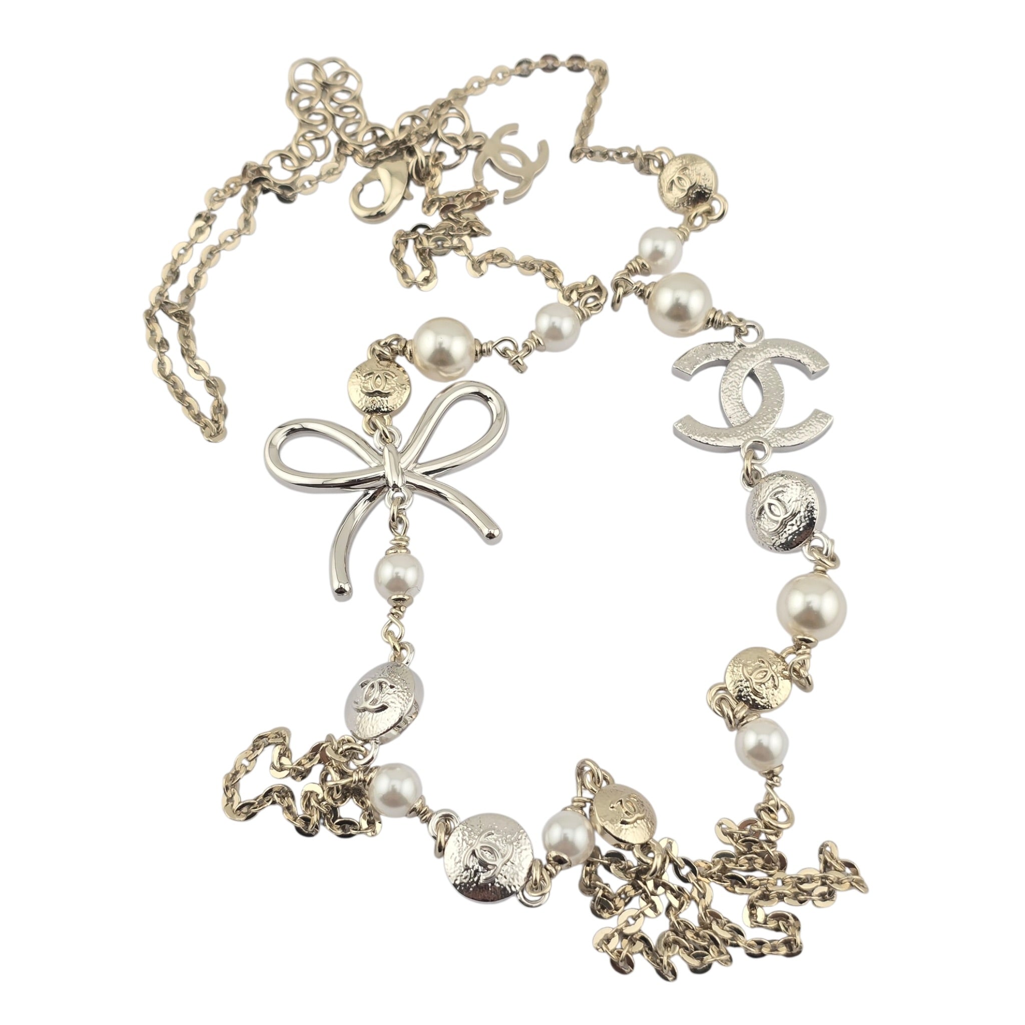 Chanel CC Gold Silver Bow Faux Pearl Long Necklace 2025 CHANEL