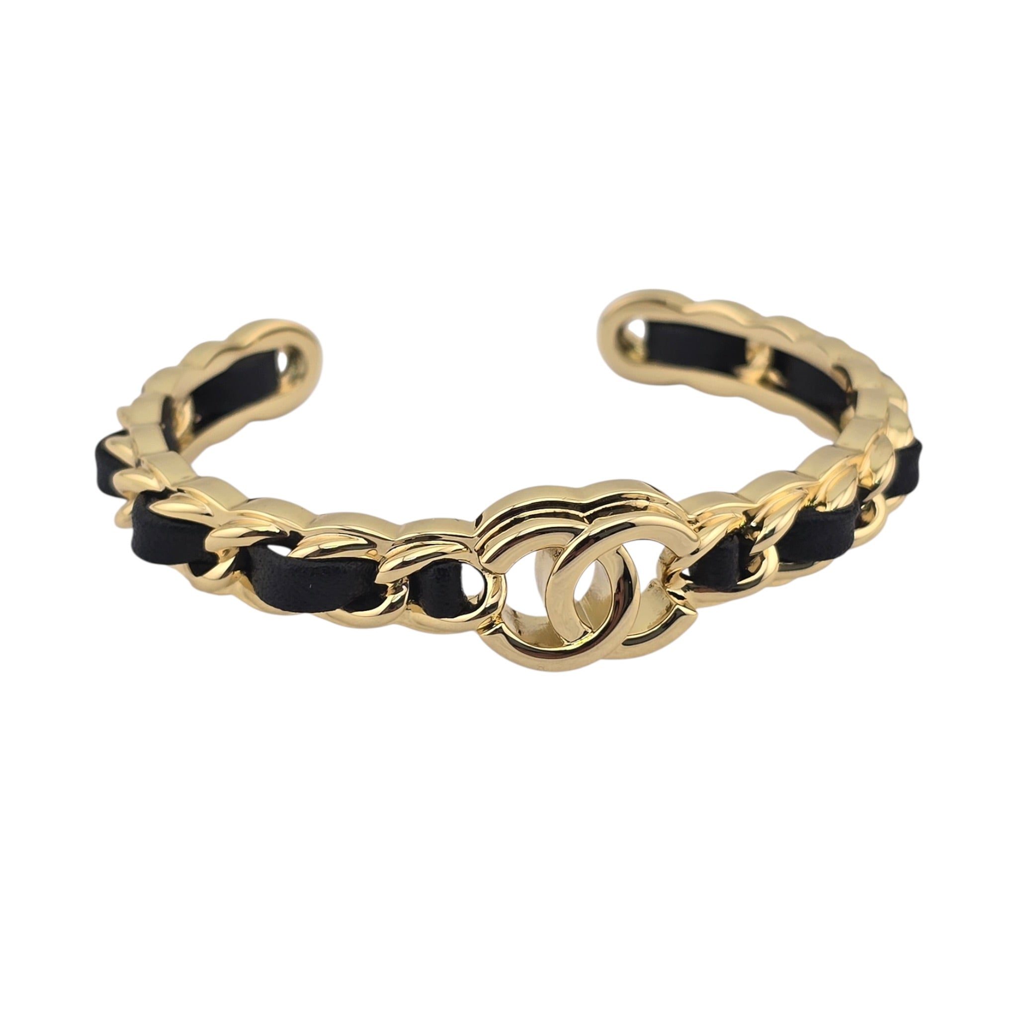 Chanel CC Gold Black Leather Cuff Bracelet 2026 CHANEL