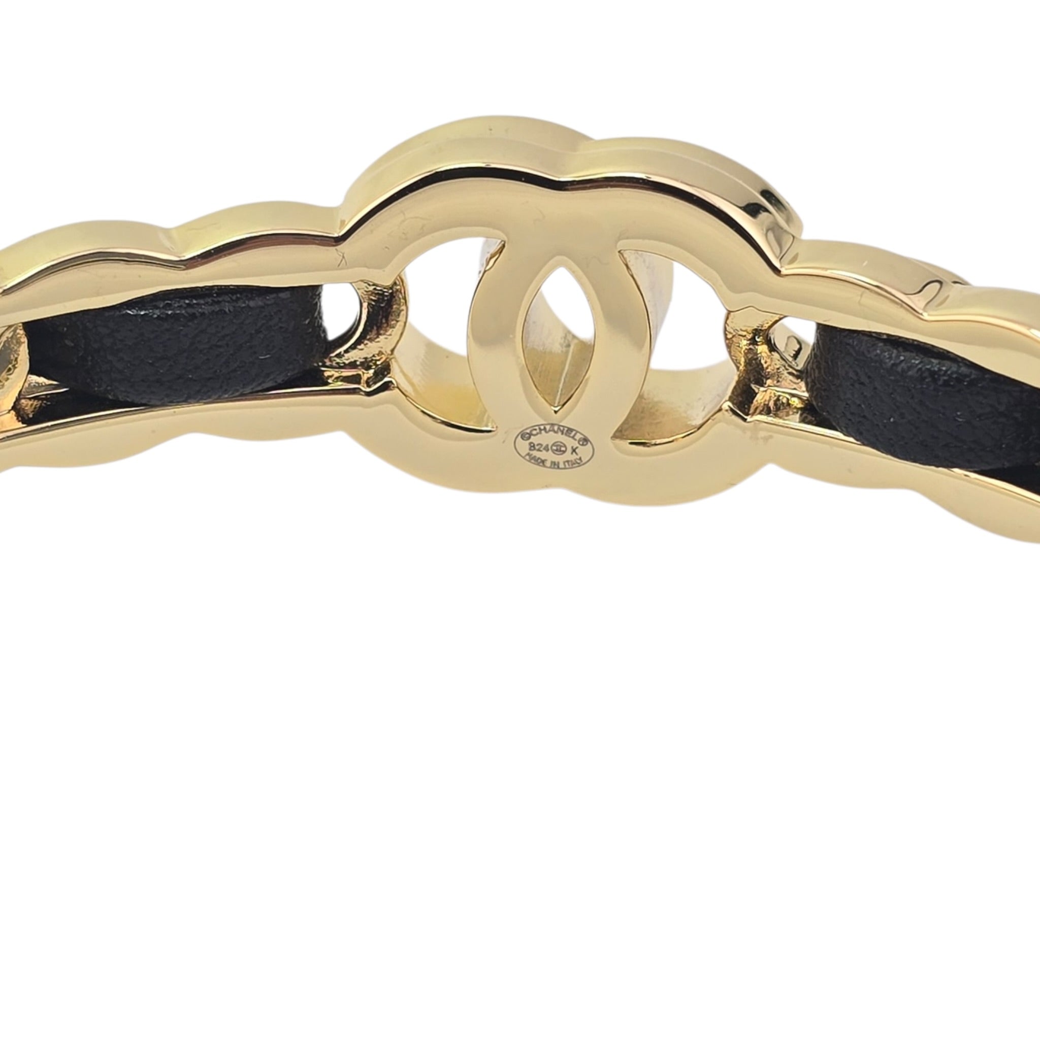 Chanel CC Gold Black Leather Cuff Bracelet 2026 CHANEL