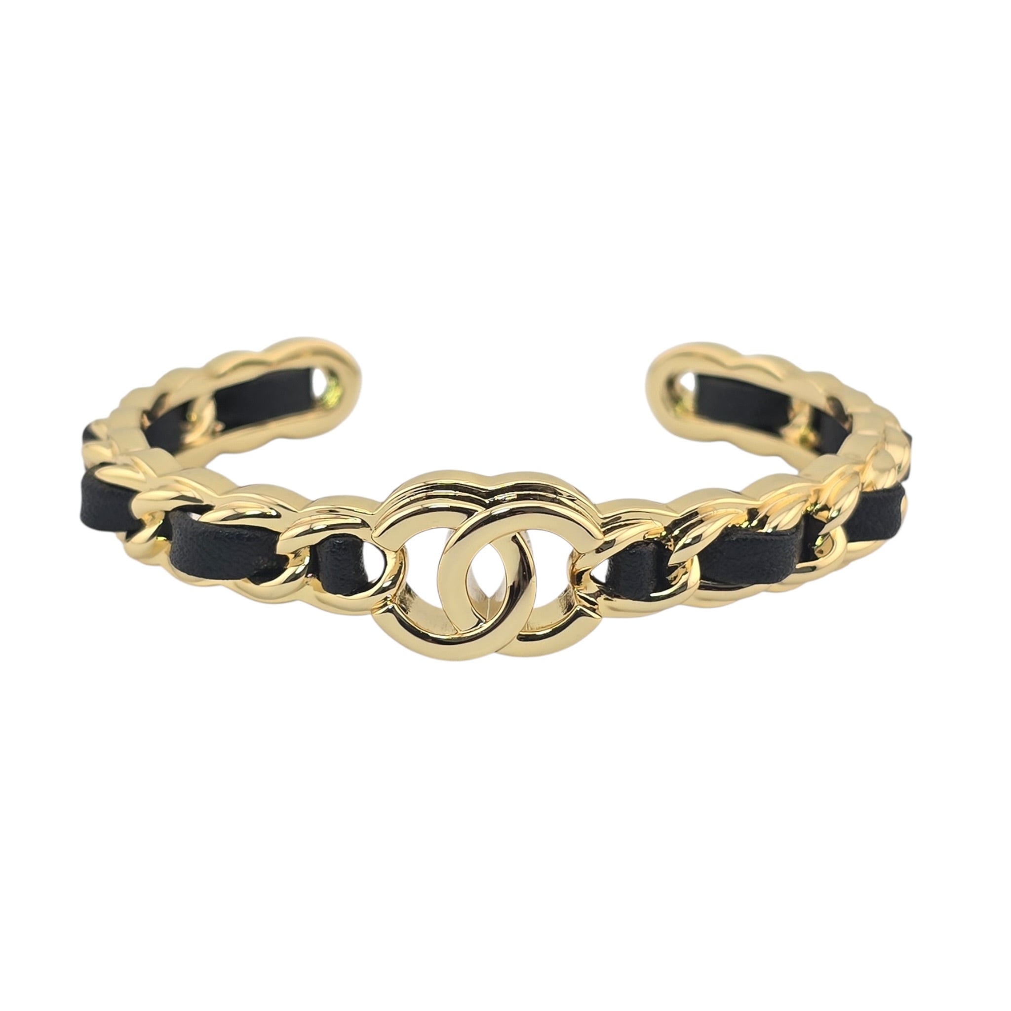 Chanel CC Gold Black Leather Cuff Bracelet 2026 CHANEL