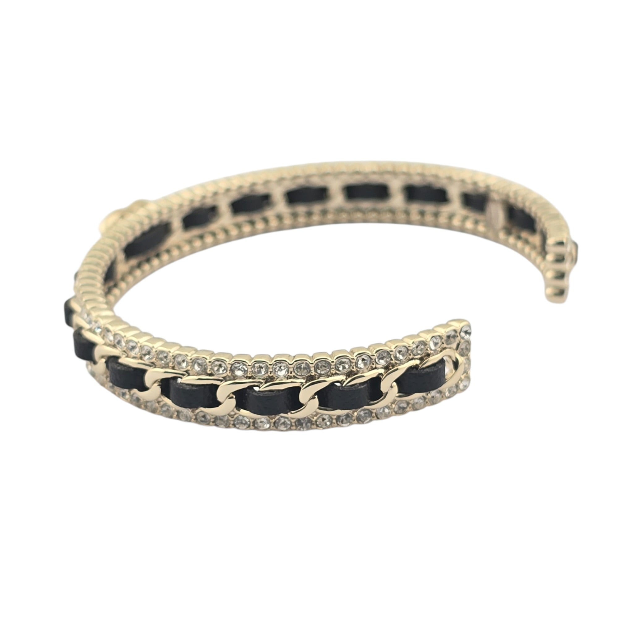 Chanel CC Gold Black Leather Crystal Cuff Bracelet 2022 CHANEL