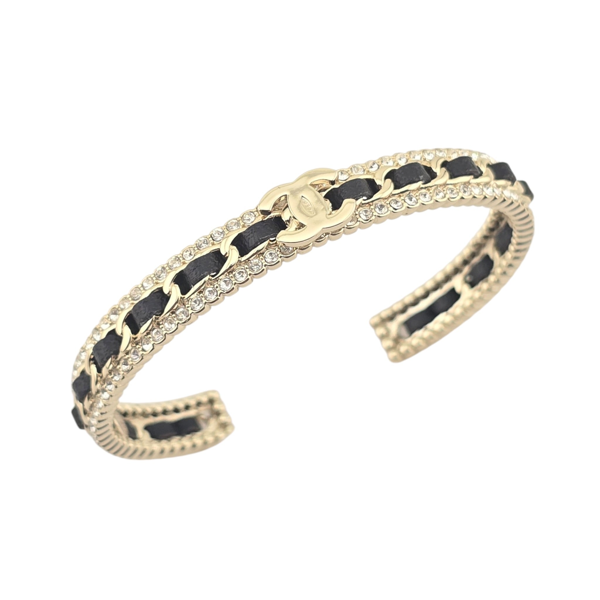 Chanel CC Gold Black Leather Crystal Cuff Bracelet 2022 CHANEL