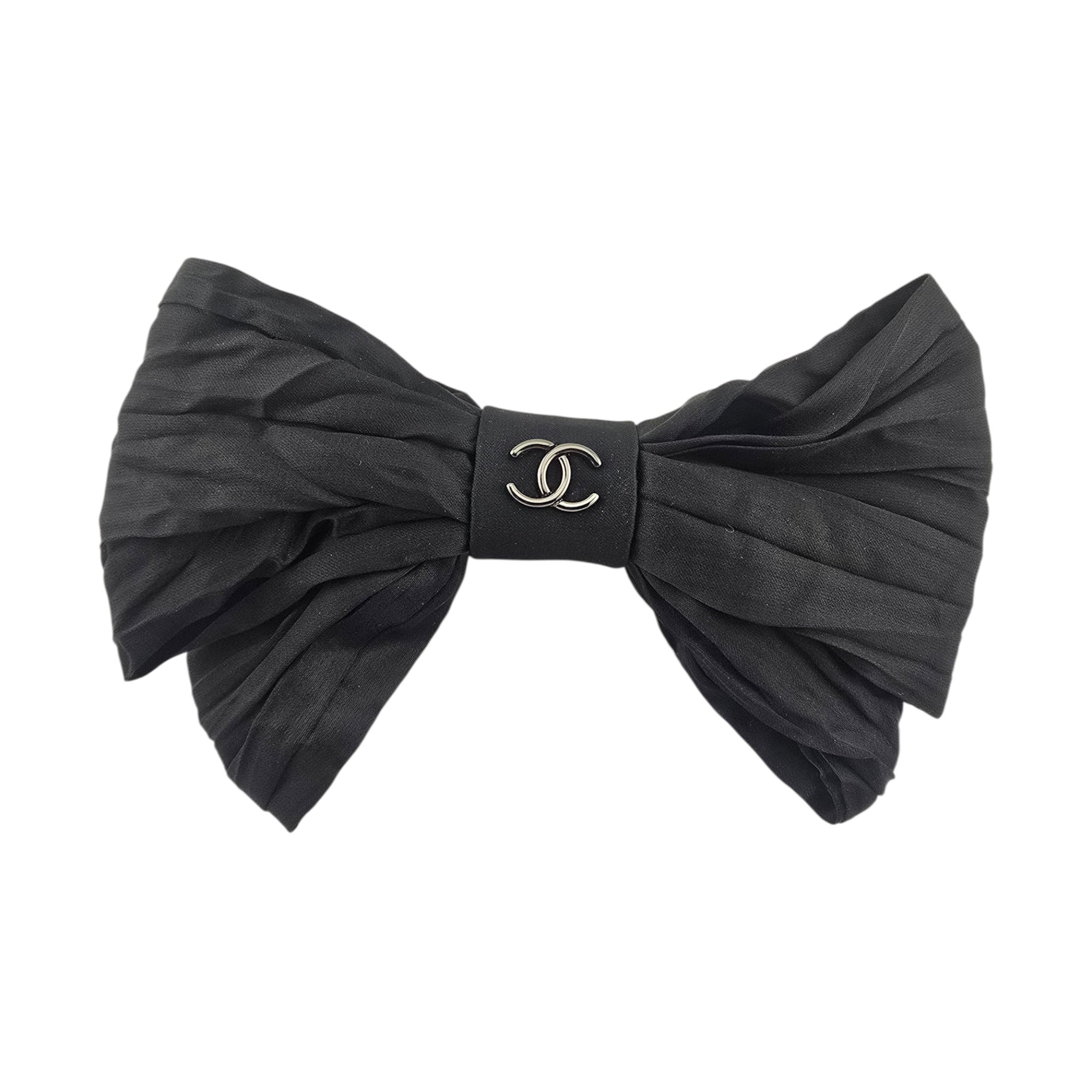Chanel CC Silk Hair Barrette Bow Clip Black Gold CHANEL