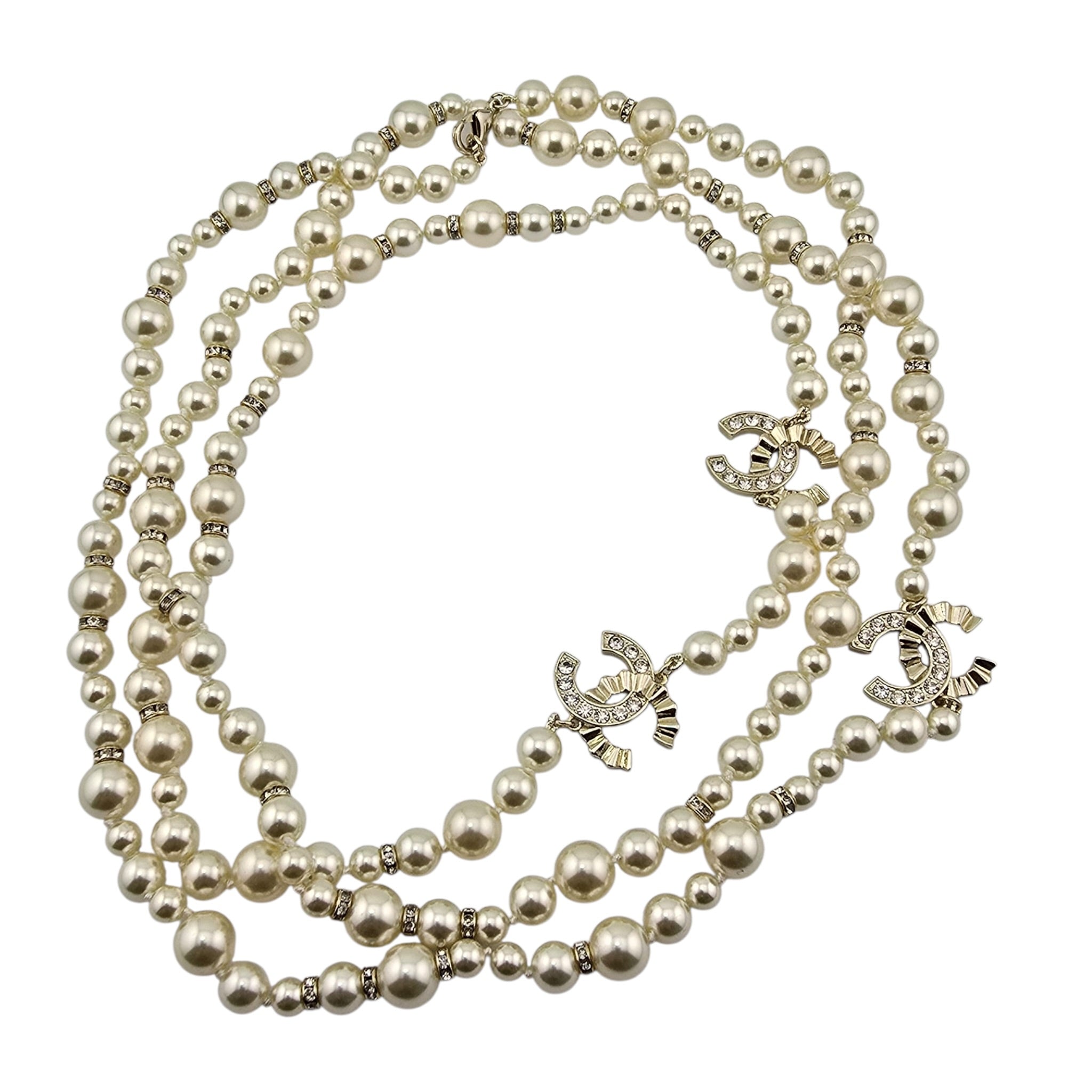 Chanel CC Faux Pearl Crystal Long Necklace 2024 CHANEL