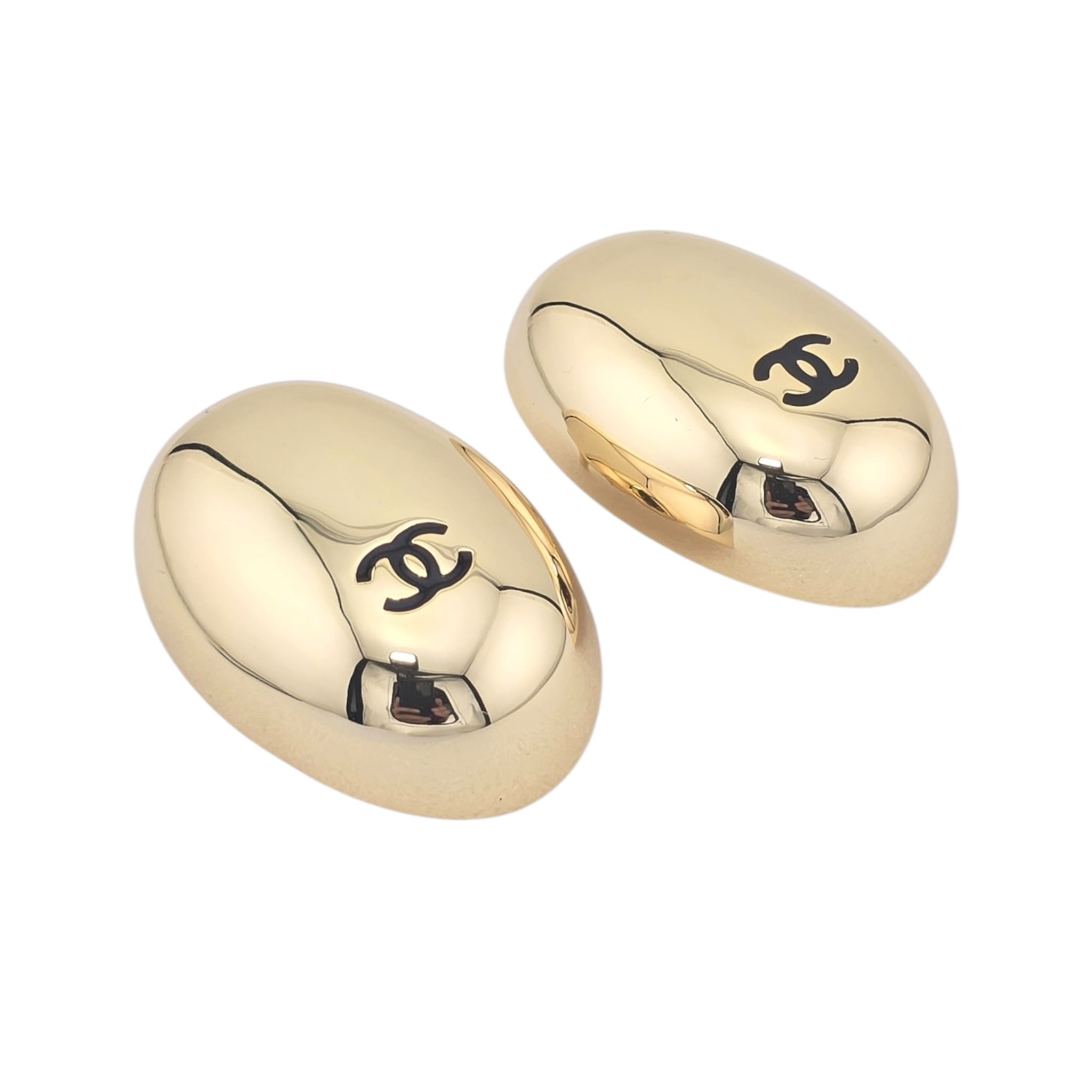Chanel CC Metal Resin Oval Drop Earrings Gold Black CHANEL